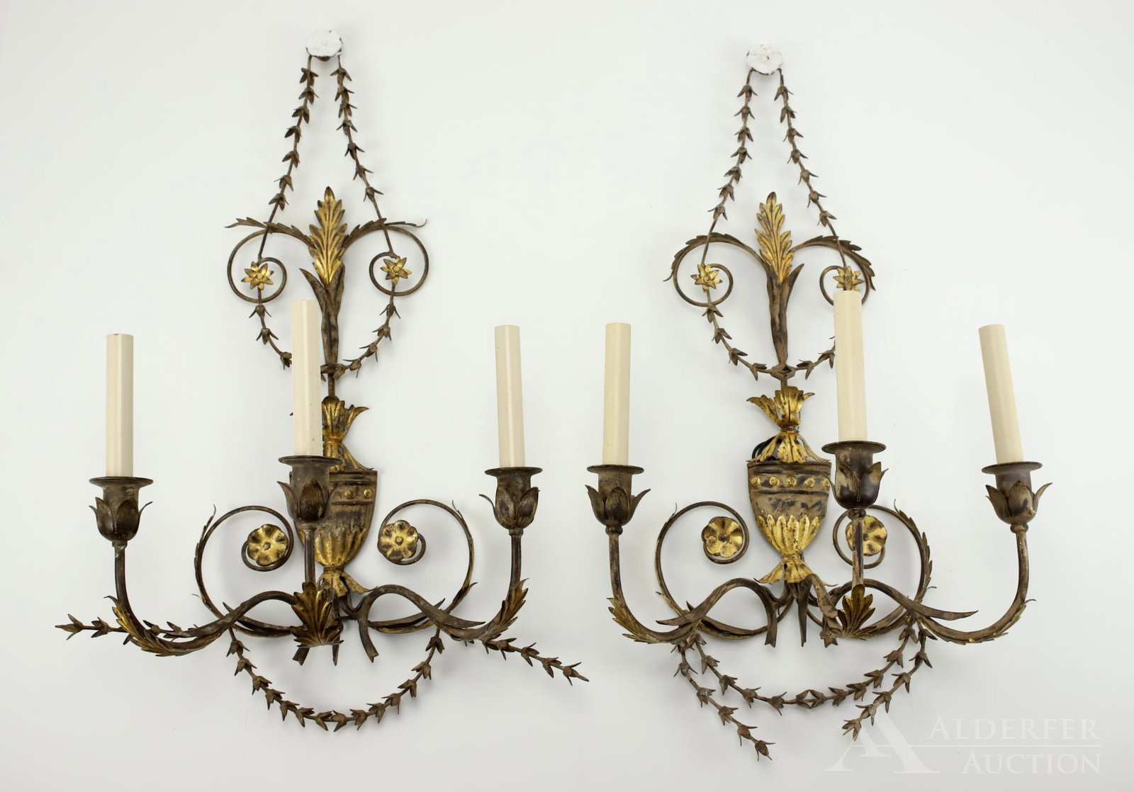 Italian Gilt Metal Wall Sconces: Pair of gilt metal electric wall sconces, 3 arm. 28"h x 15"w