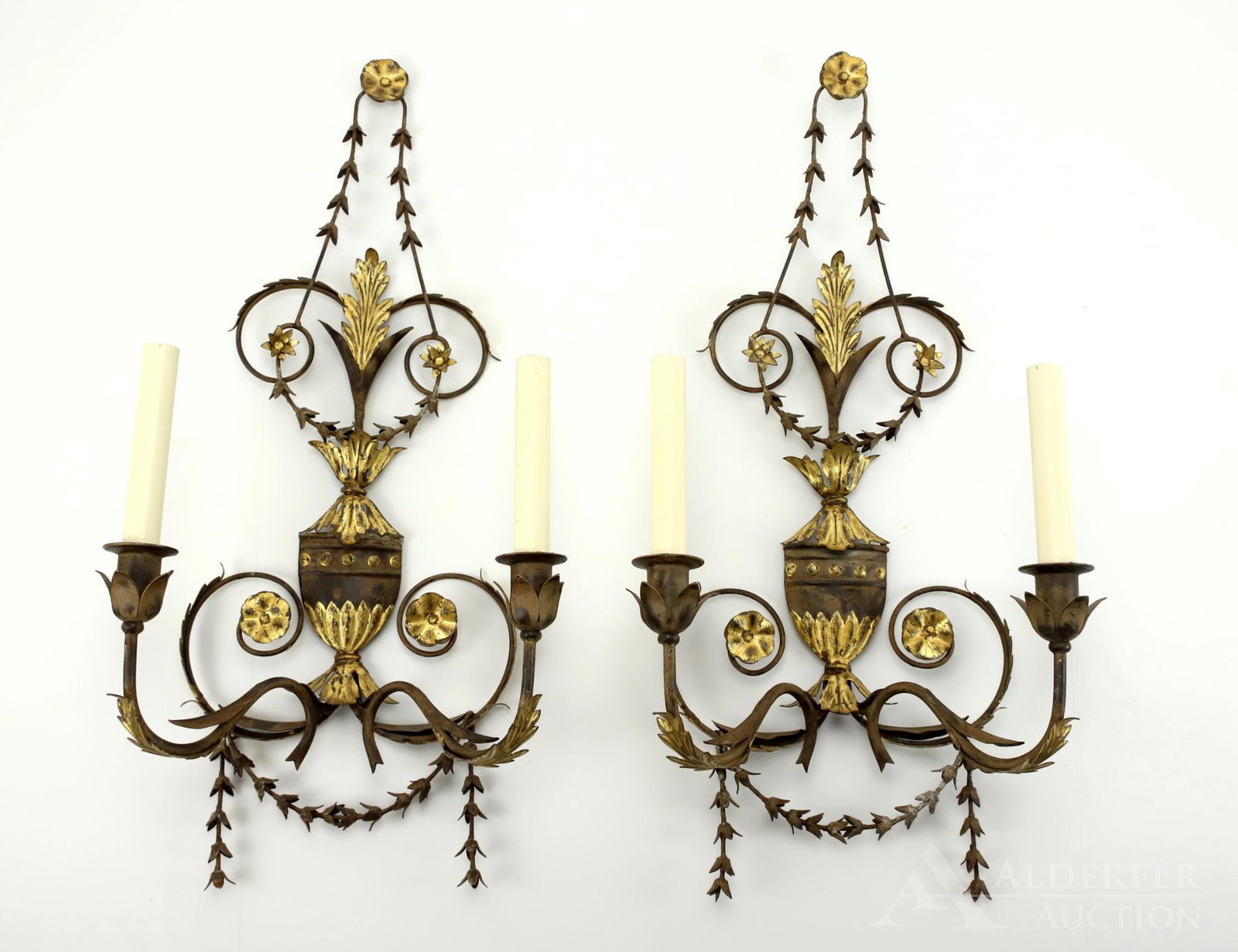 Italian Gilt Metal Wall Sconces: Pair of gilt metal electric wall sconces, 2 arm. 26"h x 12"w