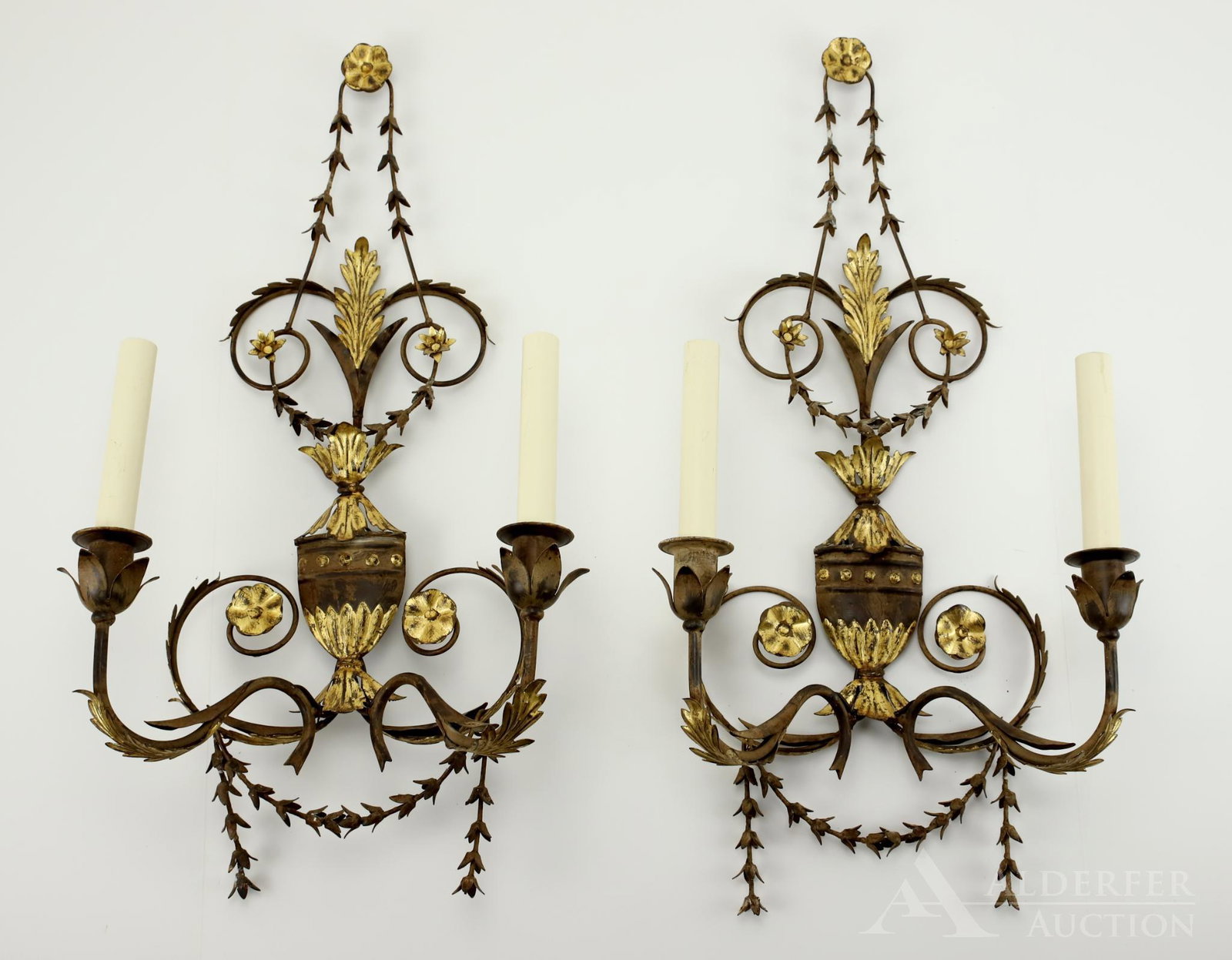 Italian Gilt Metal Wall Sconces: Pair of gilt metal electric wall sconces, 2 arm. 26"h x 12"w