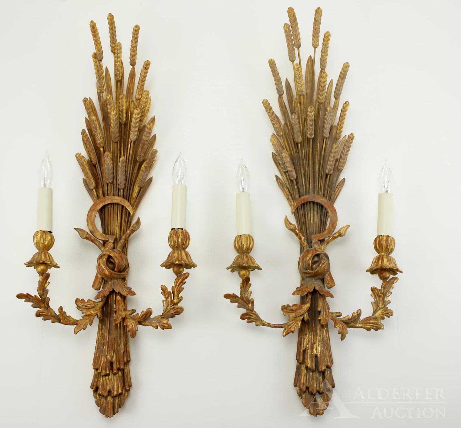 Giltwood Sconces: Pair of giltwood wheat sheaf electric sconces, with center rosette and sickle, 2 arm. 28"h x 11.5"w