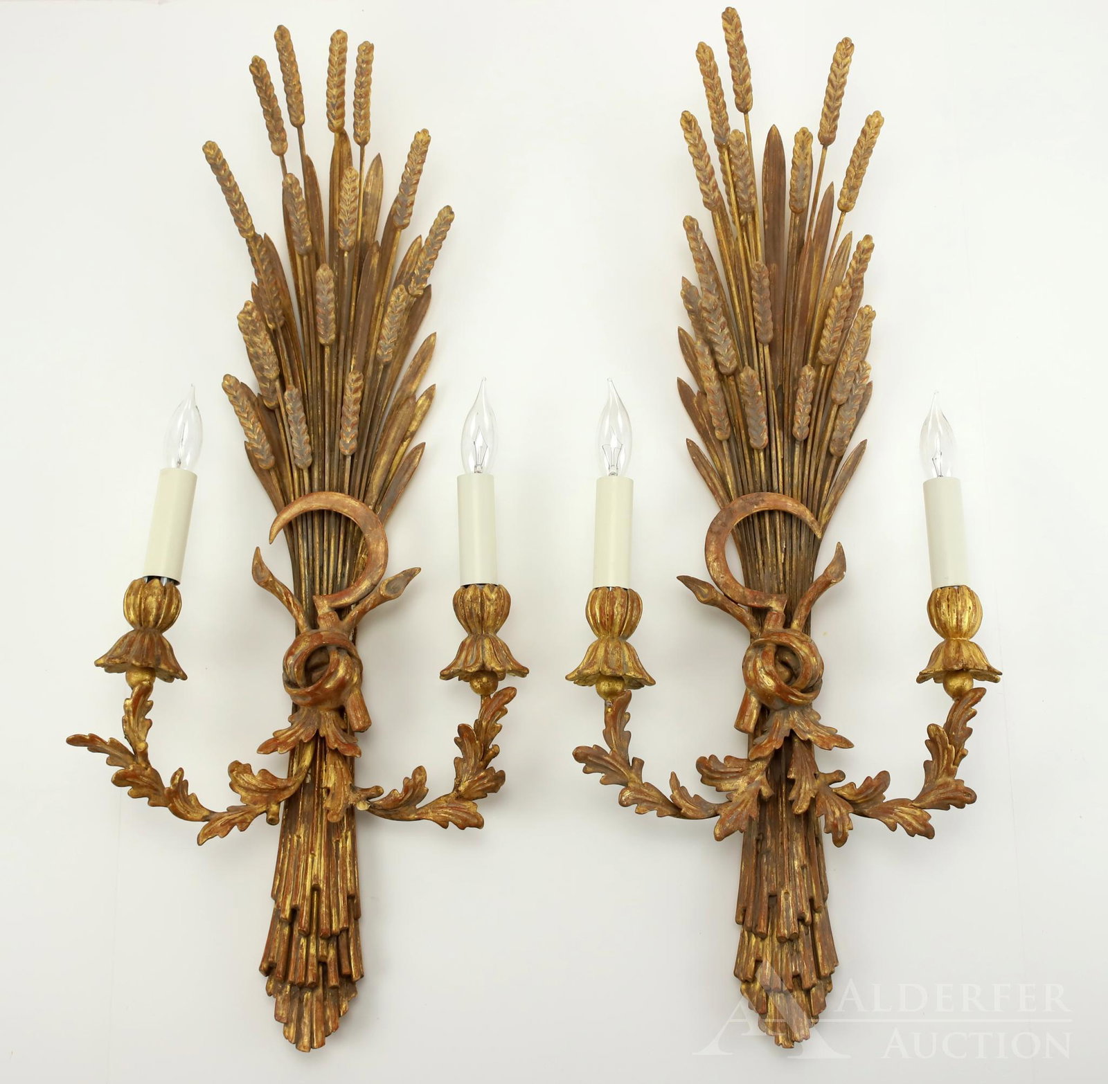 Giltwood Sconces: Pair of giltwood wheat sheaf electric sconces, with center rosette and sickle, 2 arm. 28"h x 11.5"w