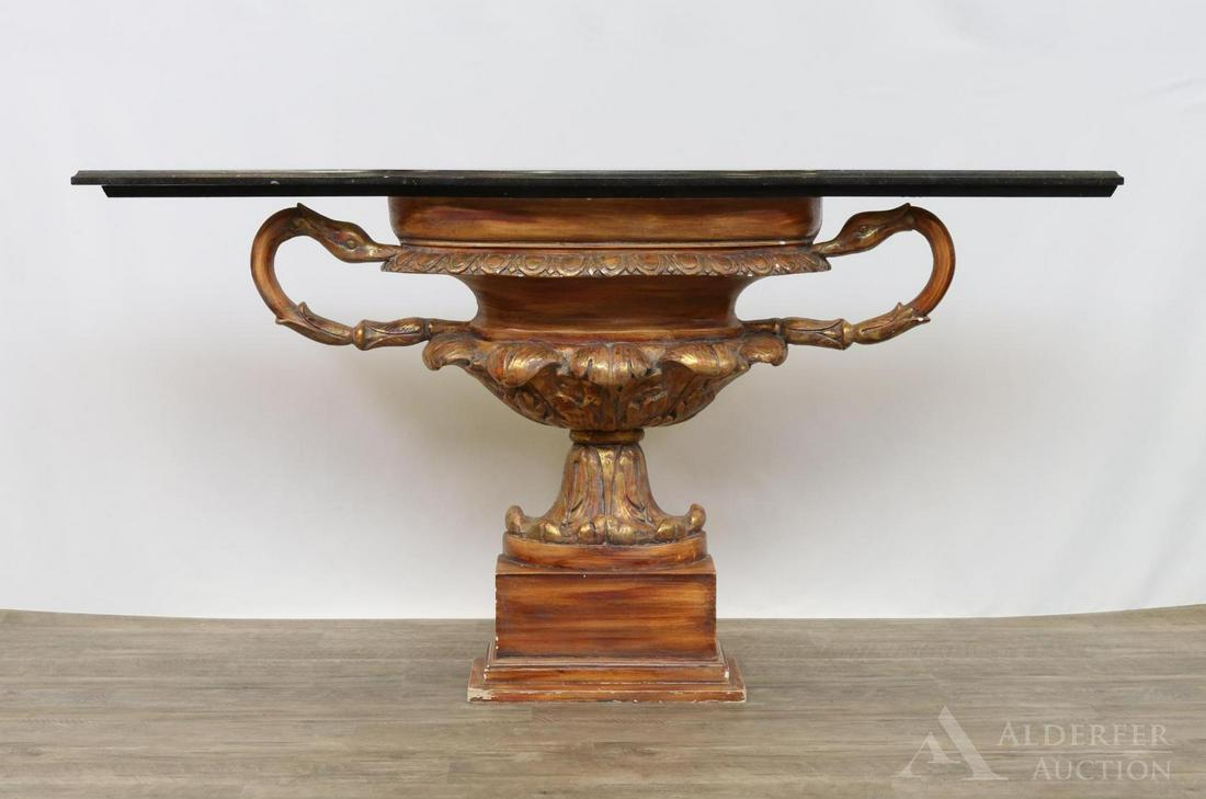 Gilt and Gesso Swan Neck and Urn Pier Table: Serpentine marble top with a cast gesso acanthus urn form base with swan neck arms. 34"h x 65"w x 14"d