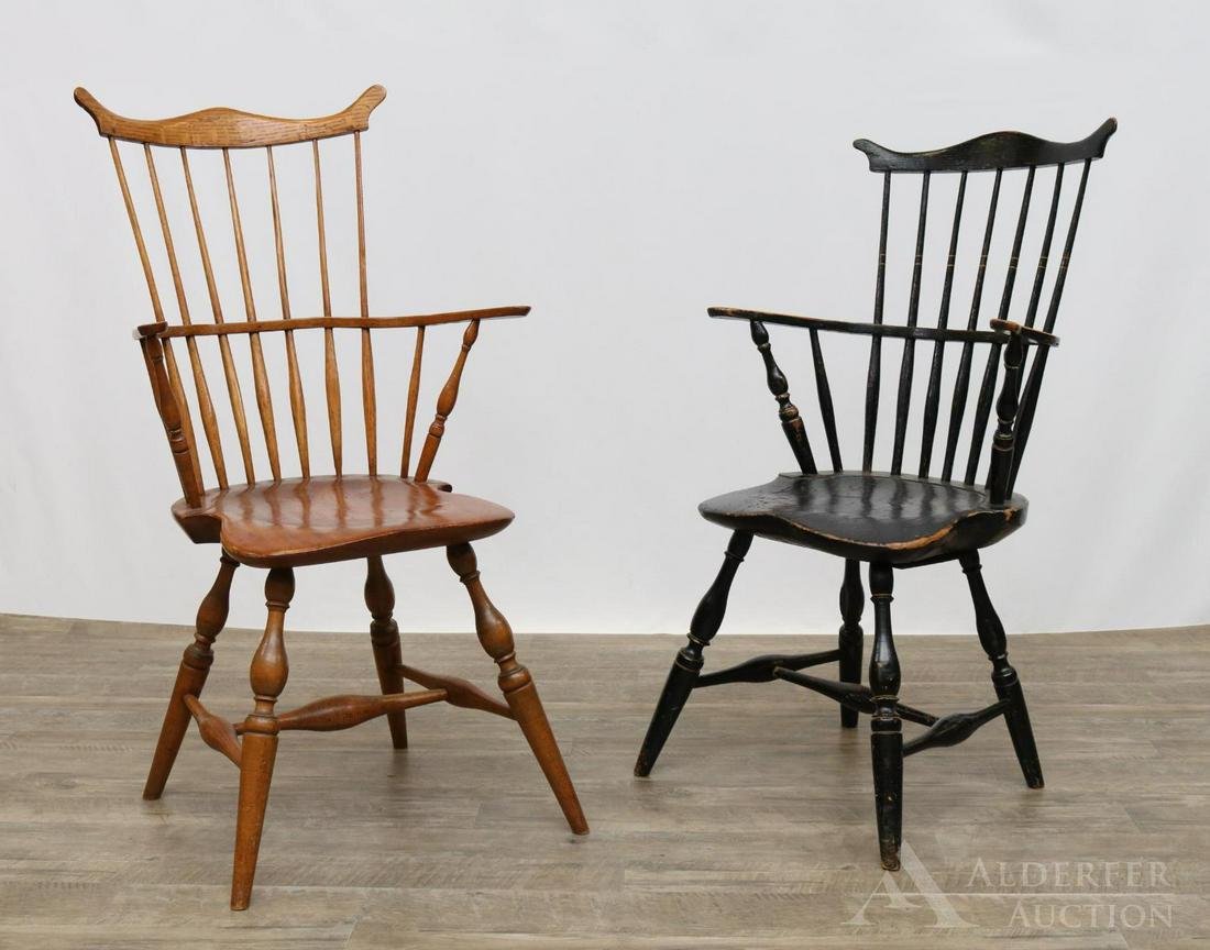 Pair of Fraternal Windsor Arm Chairs: Ash and cherry fan back Windsor chairs with upturned ears and bulbous stretcher. Approx. 38"h x 22"w x 17"d