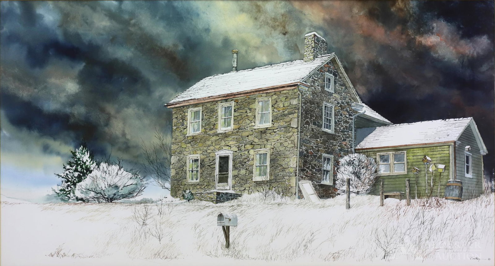 Peter Sculthorpe (born 1948): Watercolor, "Below the Overlook", SLR, 1980. Landscape of an old stone farmhouse with a tempestuous sky overhead. 21"h x 39"w sight and 32"h x 50.5"w framed