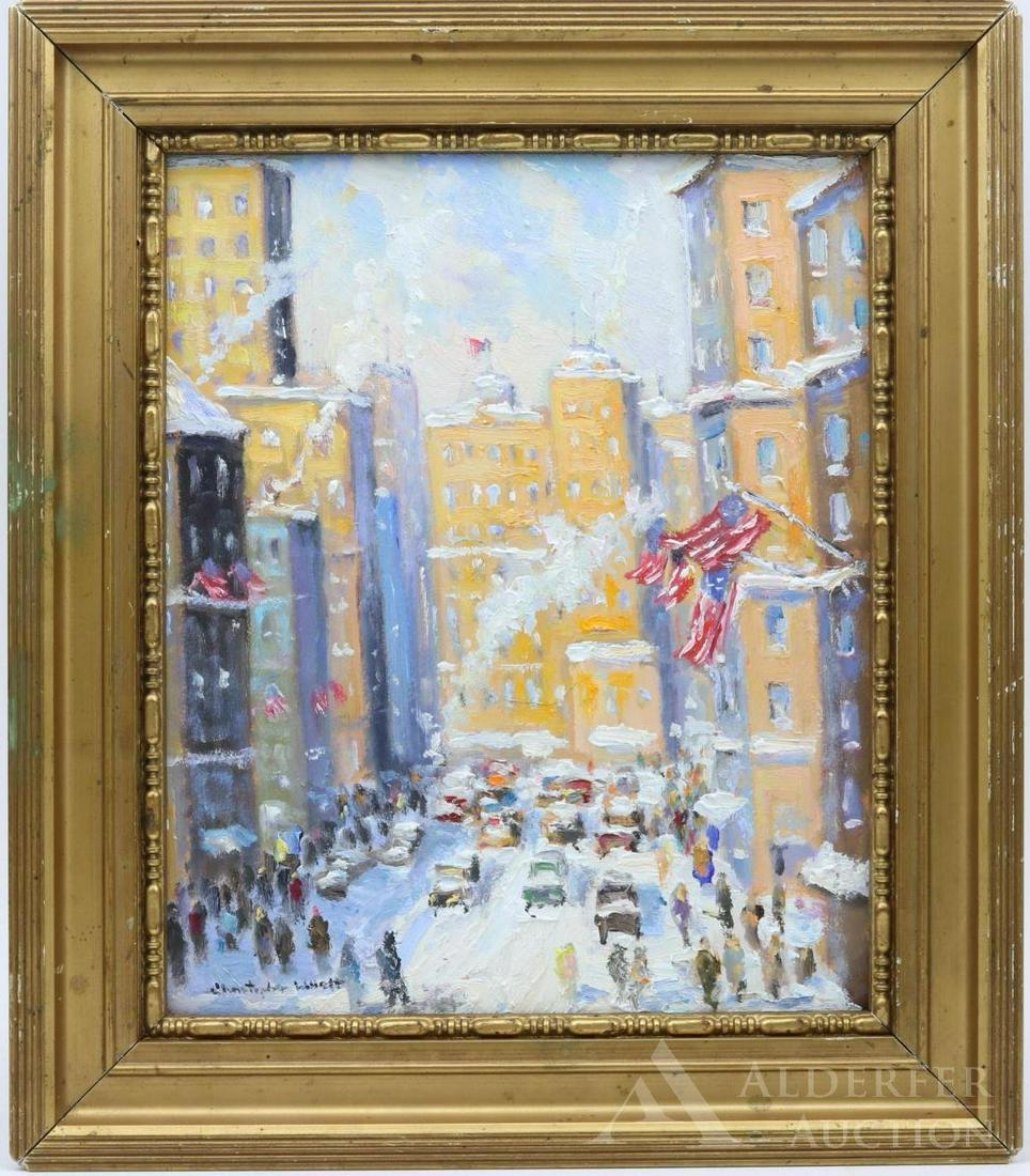 Christopher Willett (born 1959): Oil on board, "Off 5th Ave/New York City," SLL and en verso. Impressionist winter cityscene with American flags, cars and pedestrians. 14.5"h x 12.75"w framed