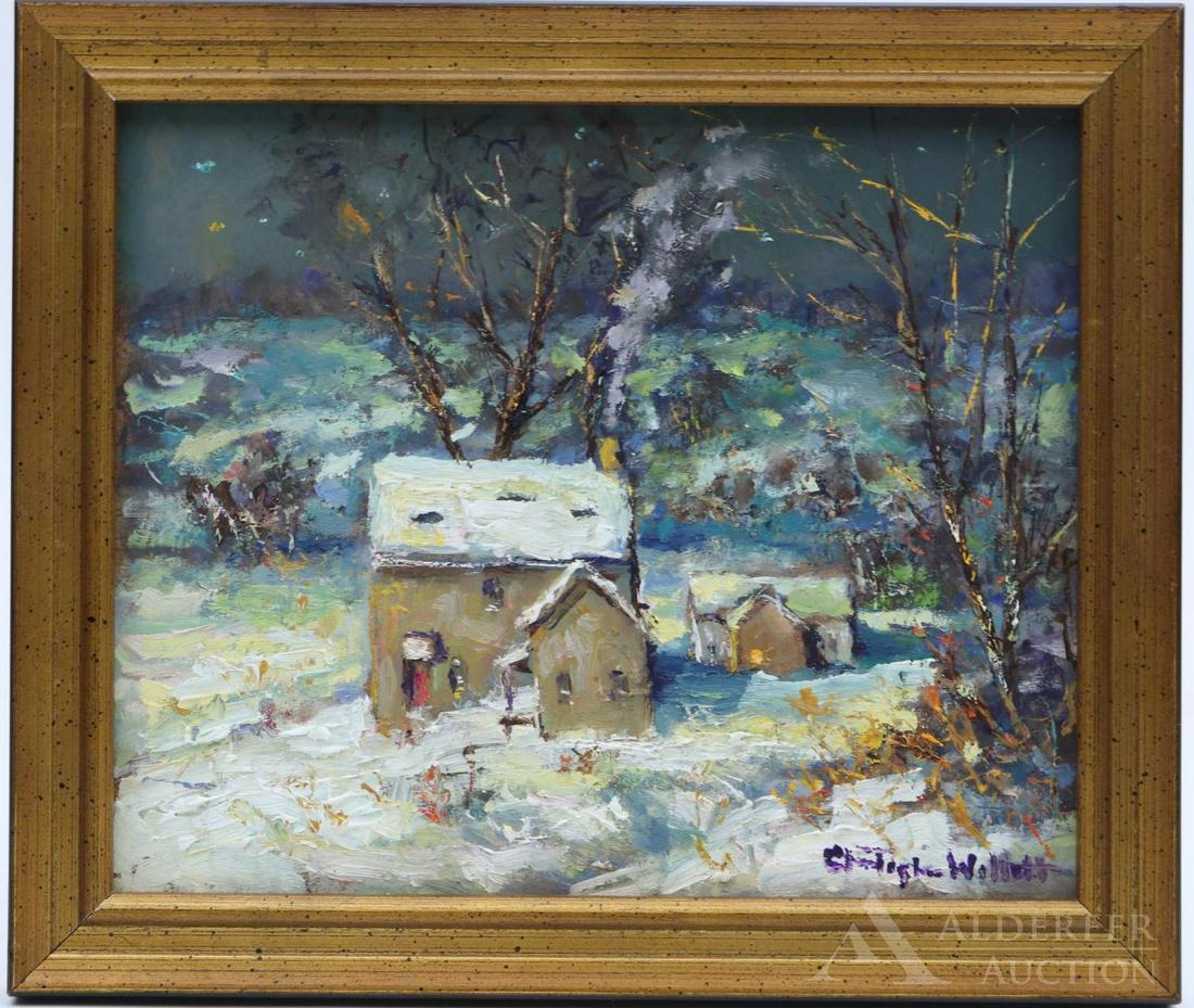 Christopher Willett (born 1959): Oil on board, "Becky's House/Bucks County Pa," SLR and en verso. Impressionist night time pastoral winter landscape with farm house. 6"h x 7"w framed