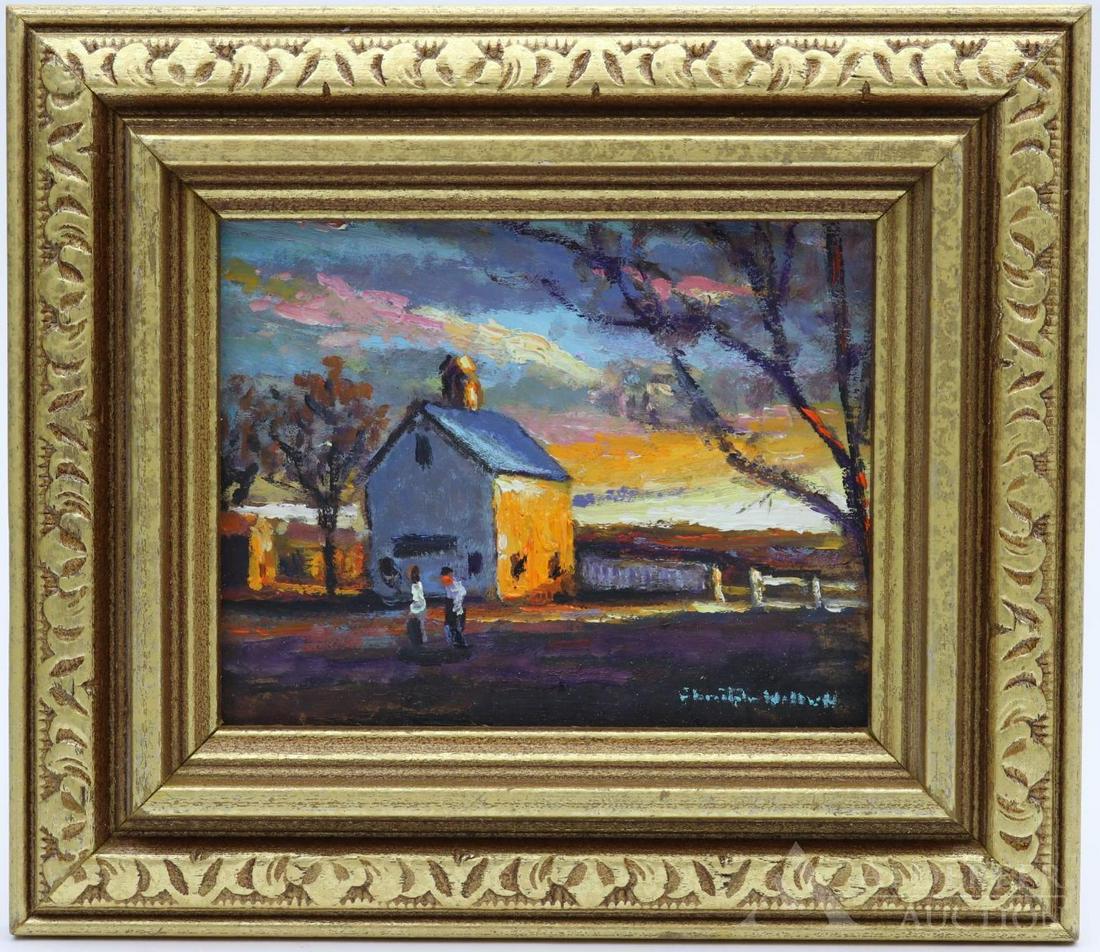 Christopher Willett (born 1959): Oil on board, "Sunset/Quakertown Pa," SLR and en verso. Impressionist pastoral landscape with barn, silo, and sunset. 6.5"h x 7.5"w framed