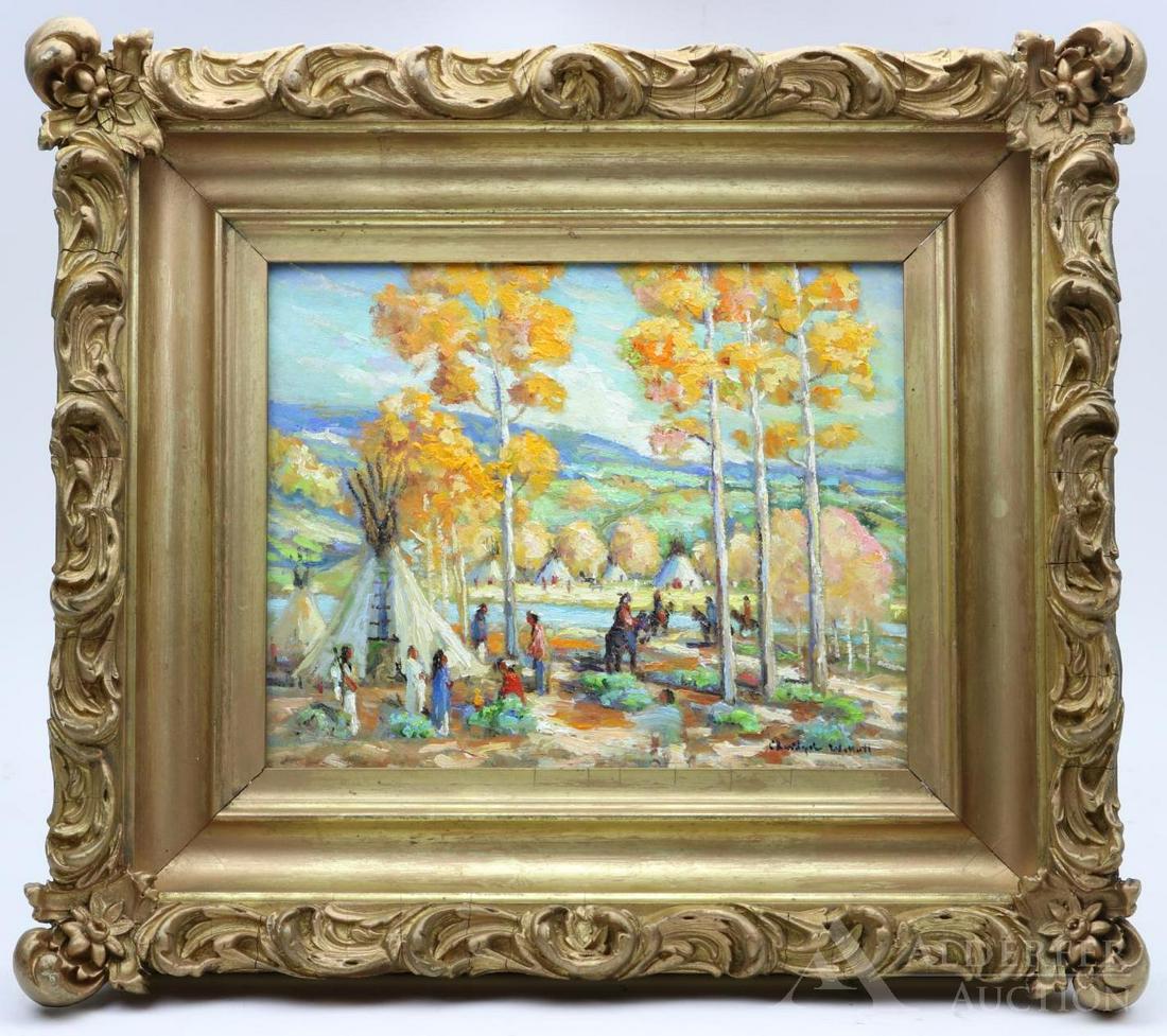 Christopher Willett (born 1959): Oil on board, "Cheyenne Camp/Fall," SLR and en verso. Impressionist autumnal landscape with Native American tribe camping with teepees. 13.5"h x 15.5"w framed