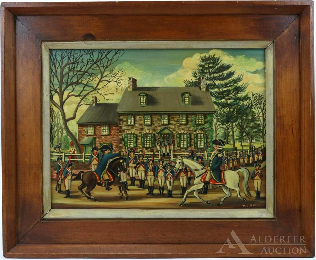 Jean Halter (1916 - 1981): Oil on board, SLR. Stone Farmhouse with Revolutionary War soldiers standing at attention with General George Washington riding a white horse in foreground, in original Halter frame. 11.5"h x 15.5"w si