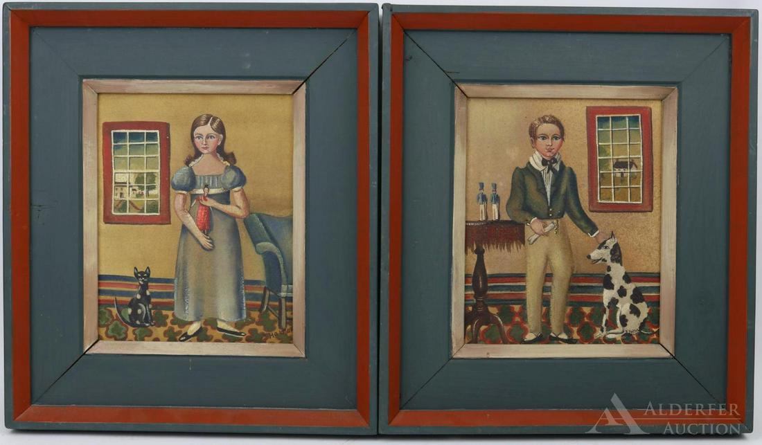 Jean Halter (1916 - 1981): Oil on board, SLR. Complementing pair of children portraits. Young girl with doll and young boy with dog, both in original Halter frames. 9.5"h x 7.5"w sight and 16"h x 14"w framed.