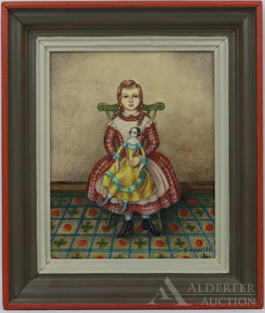 Jean Halter (1916 - 1981): Oil on board, SLR. Portrait of a young girl holding a doll. In original Halter frame. 9.5"h x 7.5"w sight and 13.75"h x 11.5"w framed.