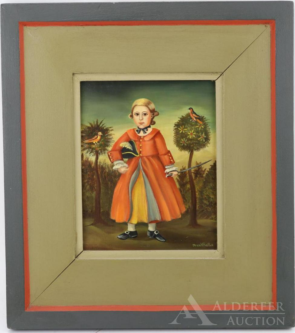 Jean Halter (1916 - 1981): Oil on board, SLR. Folk art portrait of a child holding presentation sword, in original Halter frame. 9.5"h x 7.5"w sight and 18"h x 16"w framed.