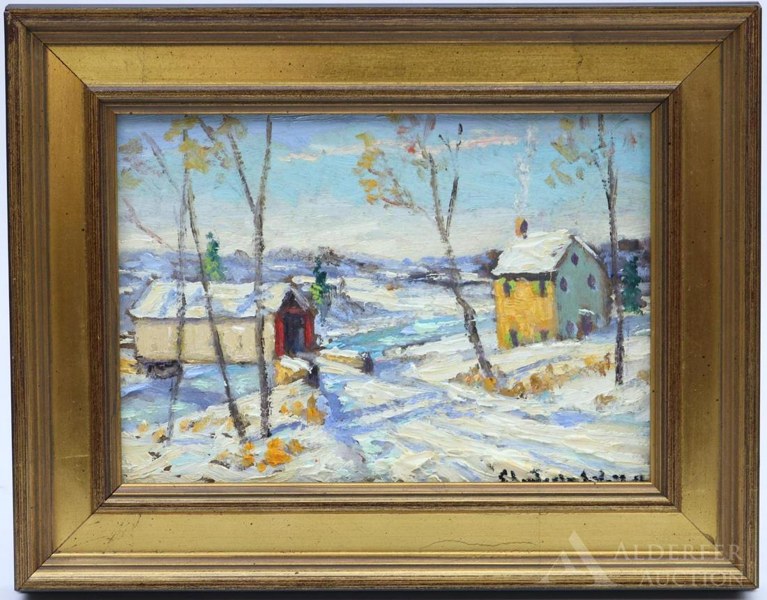 Christopher Willett (born 1959): Oil on board, "Upper Bucks PA," SLR and en verso. Impressionist winter pastoral scene with covered bridge and farm house. 7"h x 9.5"w framed