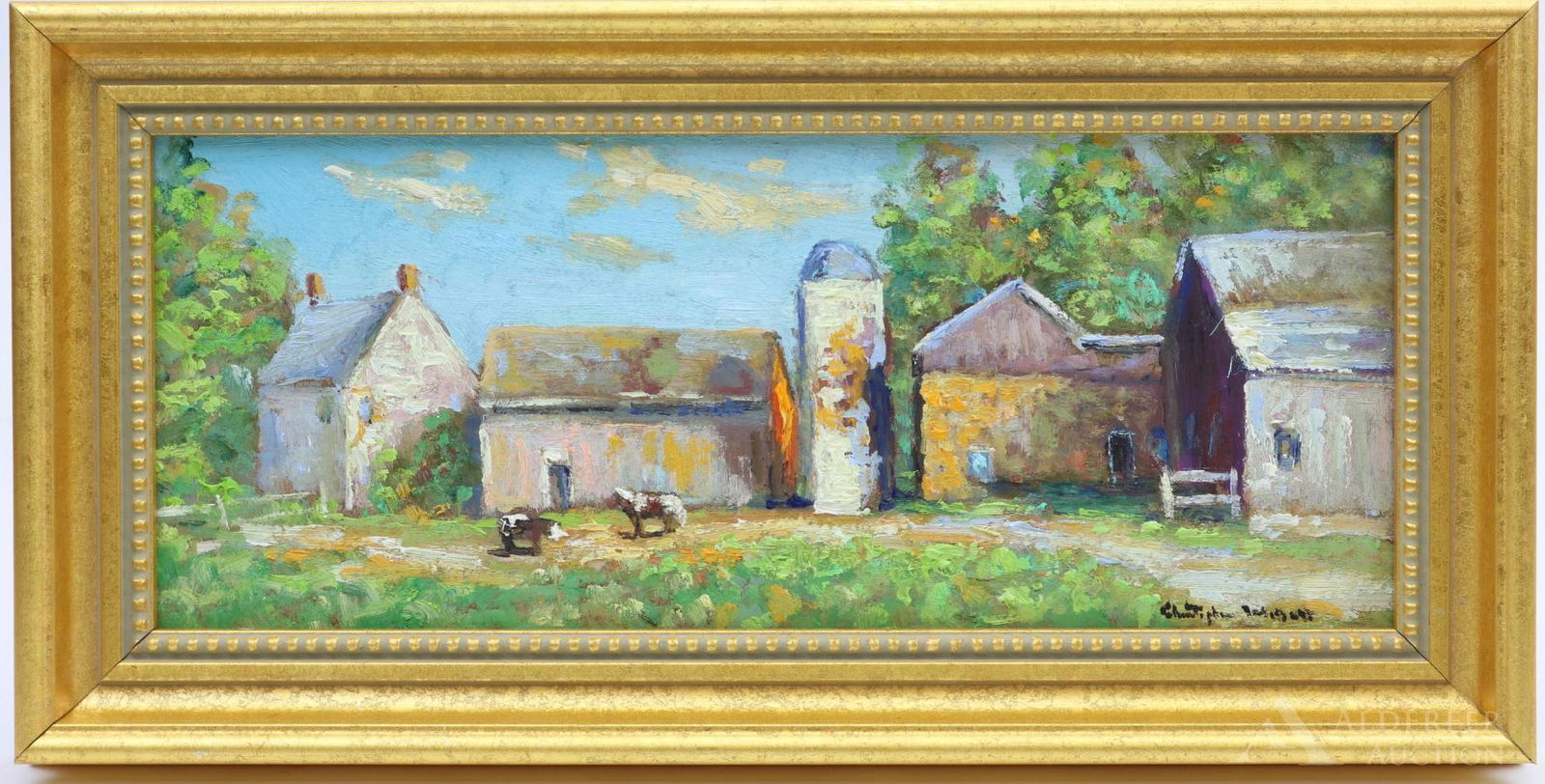 Christopher Willett (born 1959): Oil on board, "Farbotnik Farm/Bucks County PA," SLR and en verso. Impressionist pastoral landscape with farmhouse, outbuildings, silo and cows. 6"h x 11.5"w framed