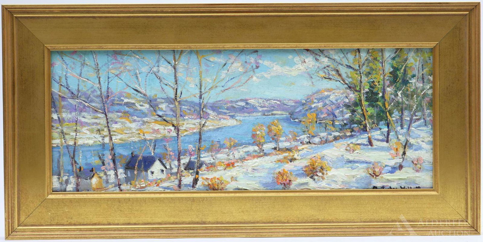 Christopher Willett (born 1959): Oil on board, "From the Ridge/Point Pleasant/Bucks County Pa," SLR and en verso. Impressionist winter landscape with mountains and trees. 9"h x 18"w framed