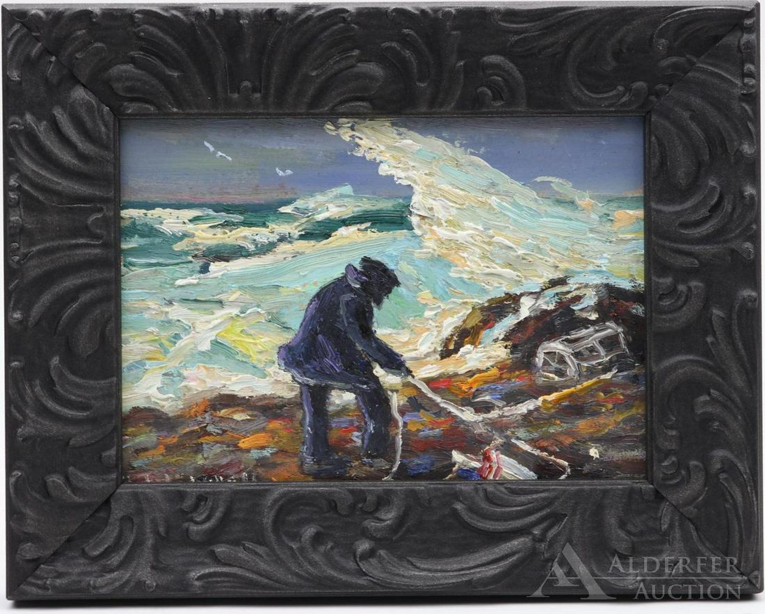 Christopher Willett (born 1959): Oil on board, "Lobster Pots/Gloucester Mass," SLL and en verso. Impressionist seaside landscape with silhouette of fisherman. 7.25"h x 9"w framed