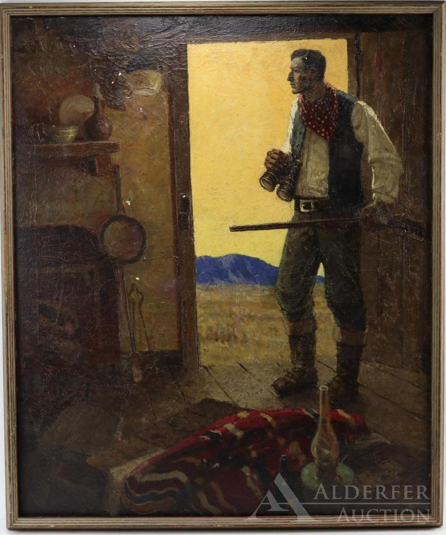 John Alan Maxwell (1904 - 1984): Oil on canvas, SLR. Illustrator style portrait with pioneer dressed man holding a rifle in front of an open door. 36"h x 30"w actual and 38"h x 32"w framed.