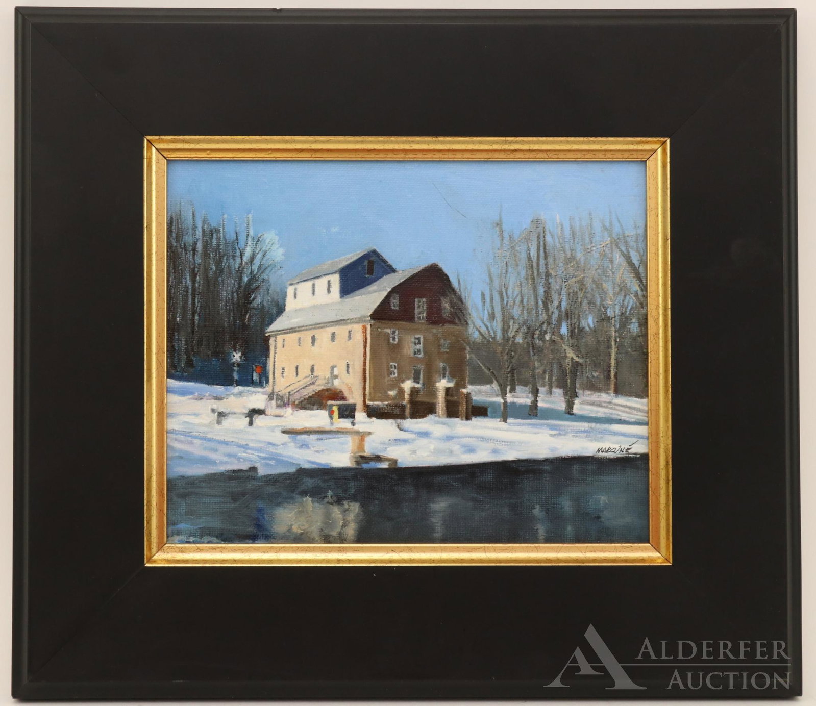 Ben Marcune (20th Century): Oil on canvas board, SLR. Winter landscape of a shoreline with a converted barn. 8"h x 10"w and 14"h x 16"w framed