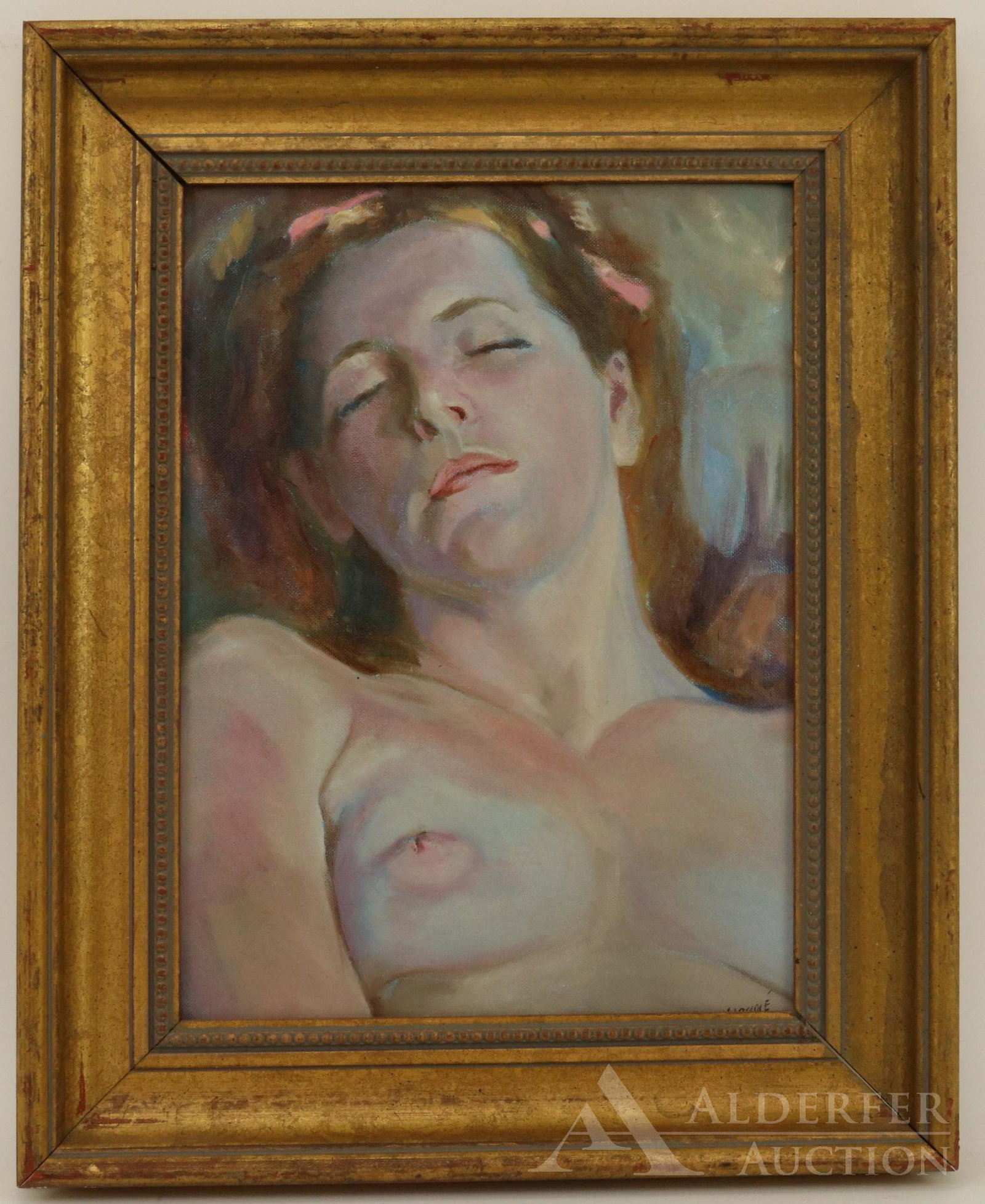 Ben Marcune (20th Century): Oil on board, SLR. Figural female nude. 16"h x 12"w and 21.5"h x 17.5"w framed
