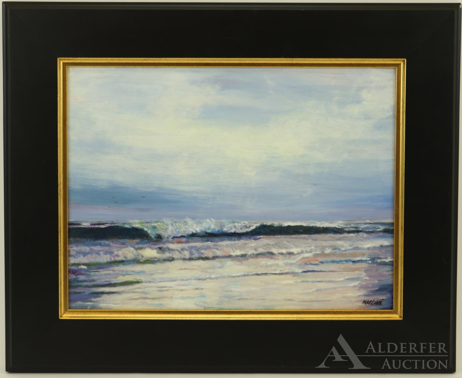Ben Marcune (20th Century): Oil on board, SLR. Seascape with blue skies. 12"h x 16"w and 17.75"h x 21.75" framed
