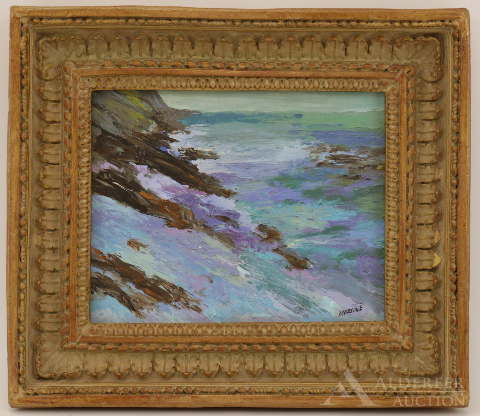 Ben Marcune (20th Century): Oil on canvas, SLR. Coastal landscape with breaking waves. 8"h x 10"w and 11.5"h x 13.5"w framed