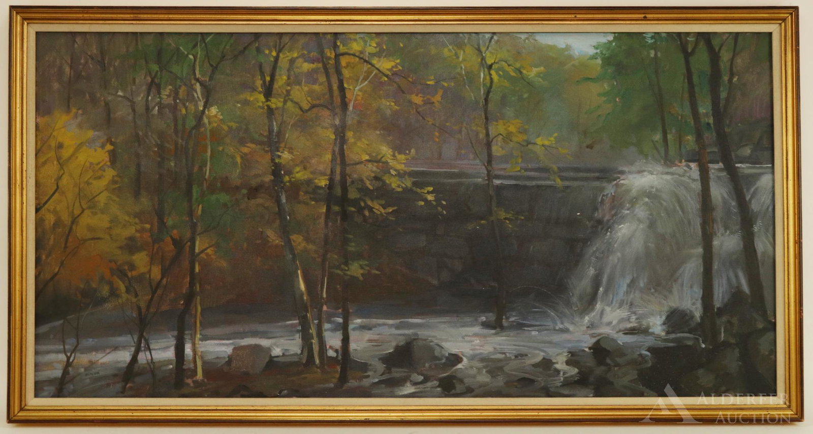 Ben Marcune (20th Century): Oil on canvas, SLL. Stream with waterfall. 24"h x 48"w and 26.75"h x 50.5"w framed