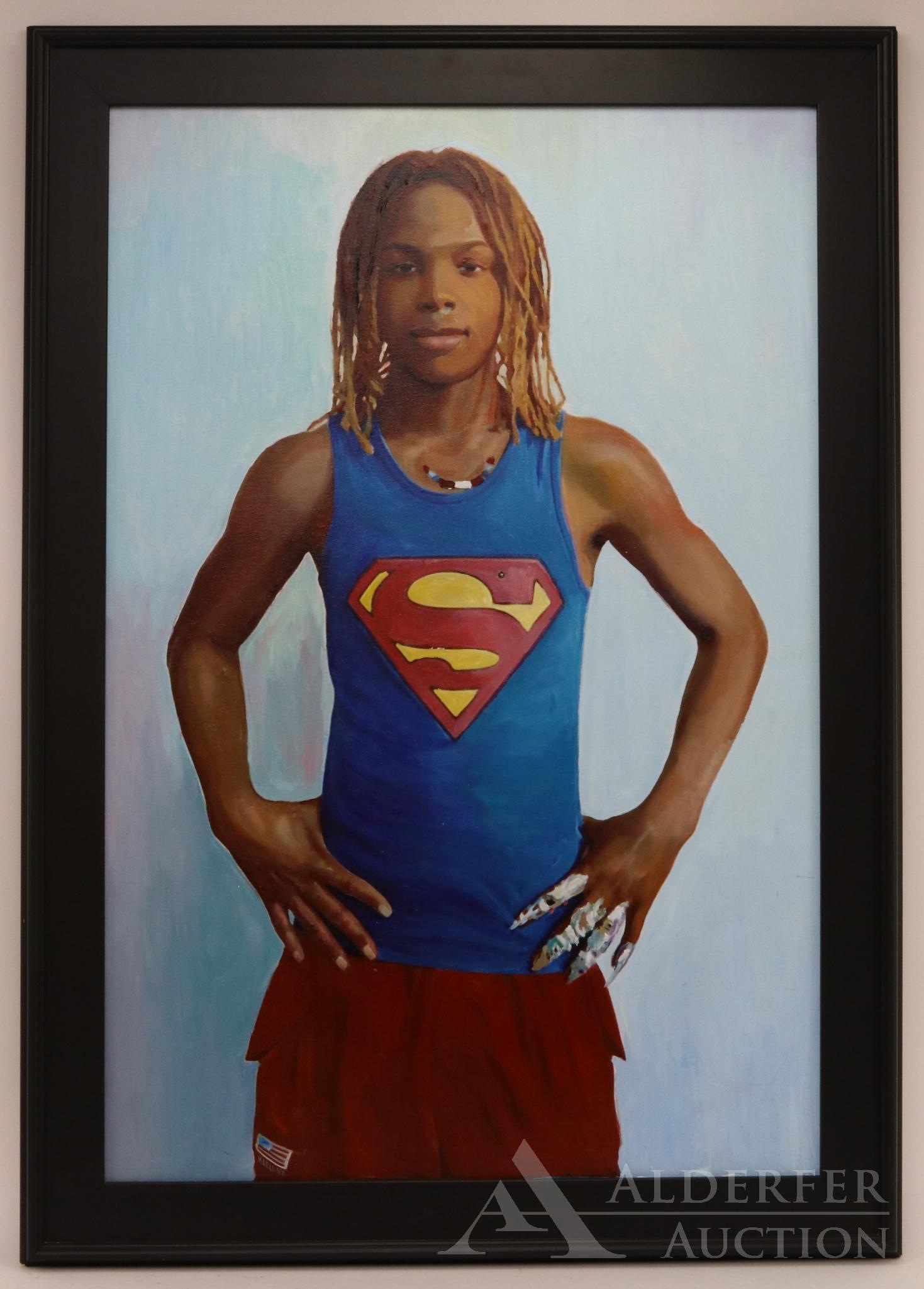 Ben Marcune (20th Century): Oil on board, SLL. Portrait of a young boy wearing a superman tank top. 35.5"h x 23.5"w sight and 41.5"h x 29.5"w framed