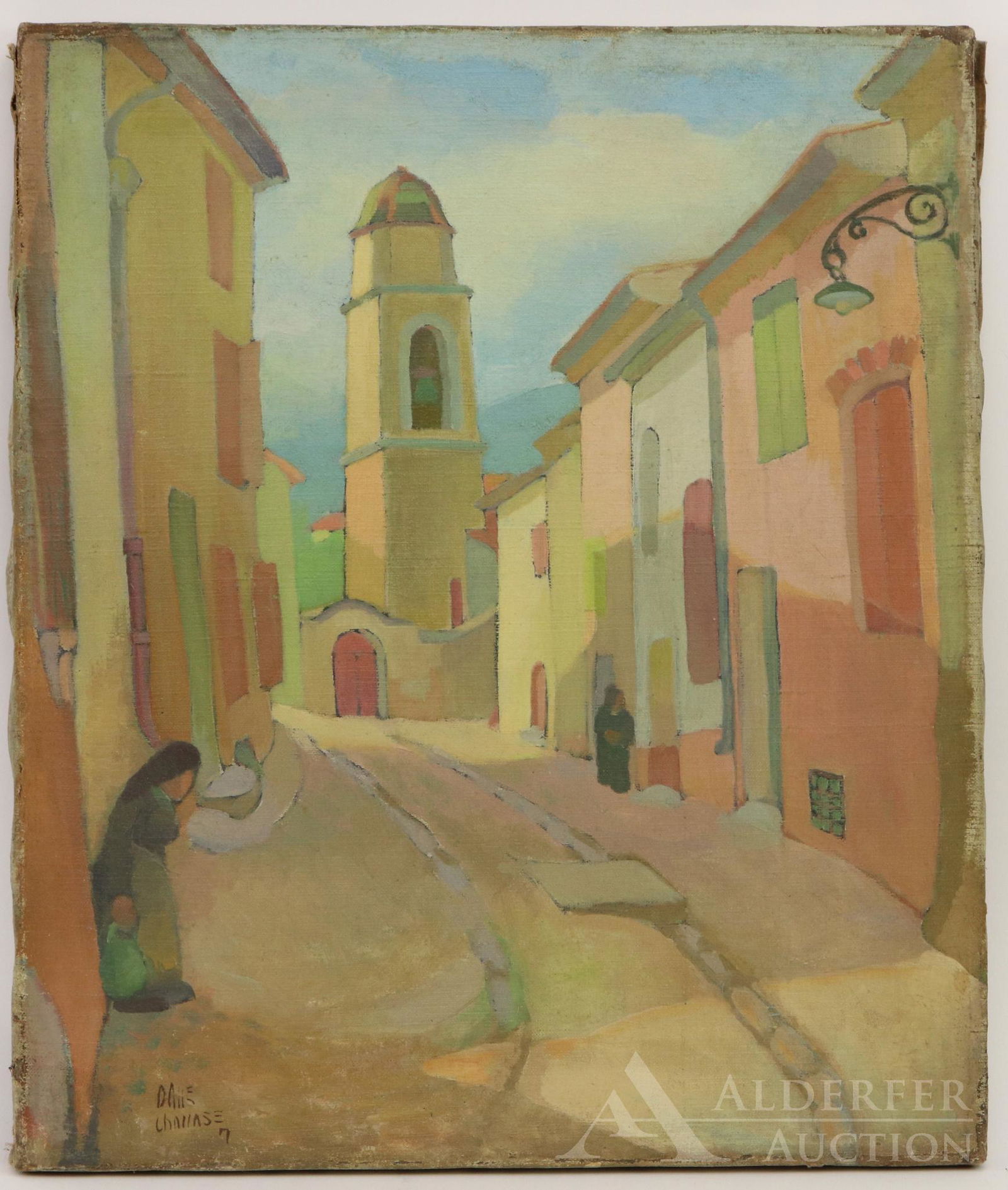 Dane Chanase (c. 1894 - 1975): Oil on canvas, SLL. Modernist village scene. 21.5"h x 18"w