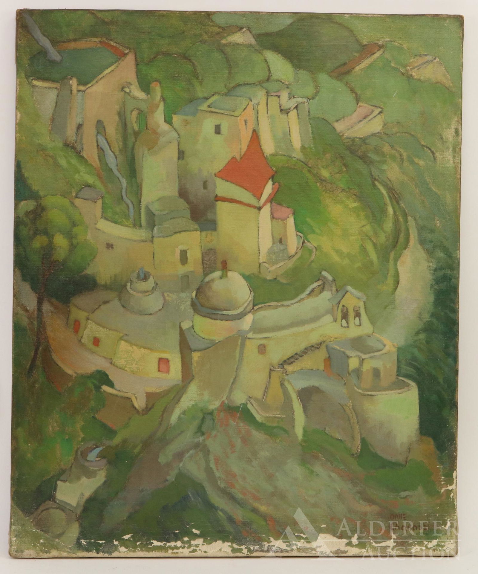 Dane Chanase (c. 1894 - 1975): Oil on canvas, SLR. Modernist birds-eye landscape of a village. 24"h x 20"w