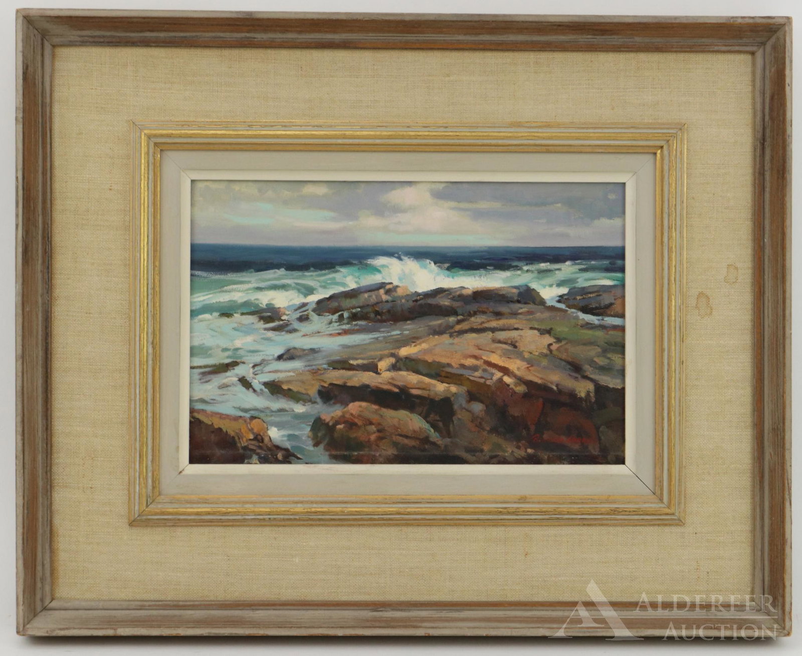 Bernard Corey (1914 - 2000): Oil on board, "End of the day at Bass Rocks", SLR. Coastal landscape with waves crashing over the rocks. 8"h x 12"w and 16"h x 20"w framed.