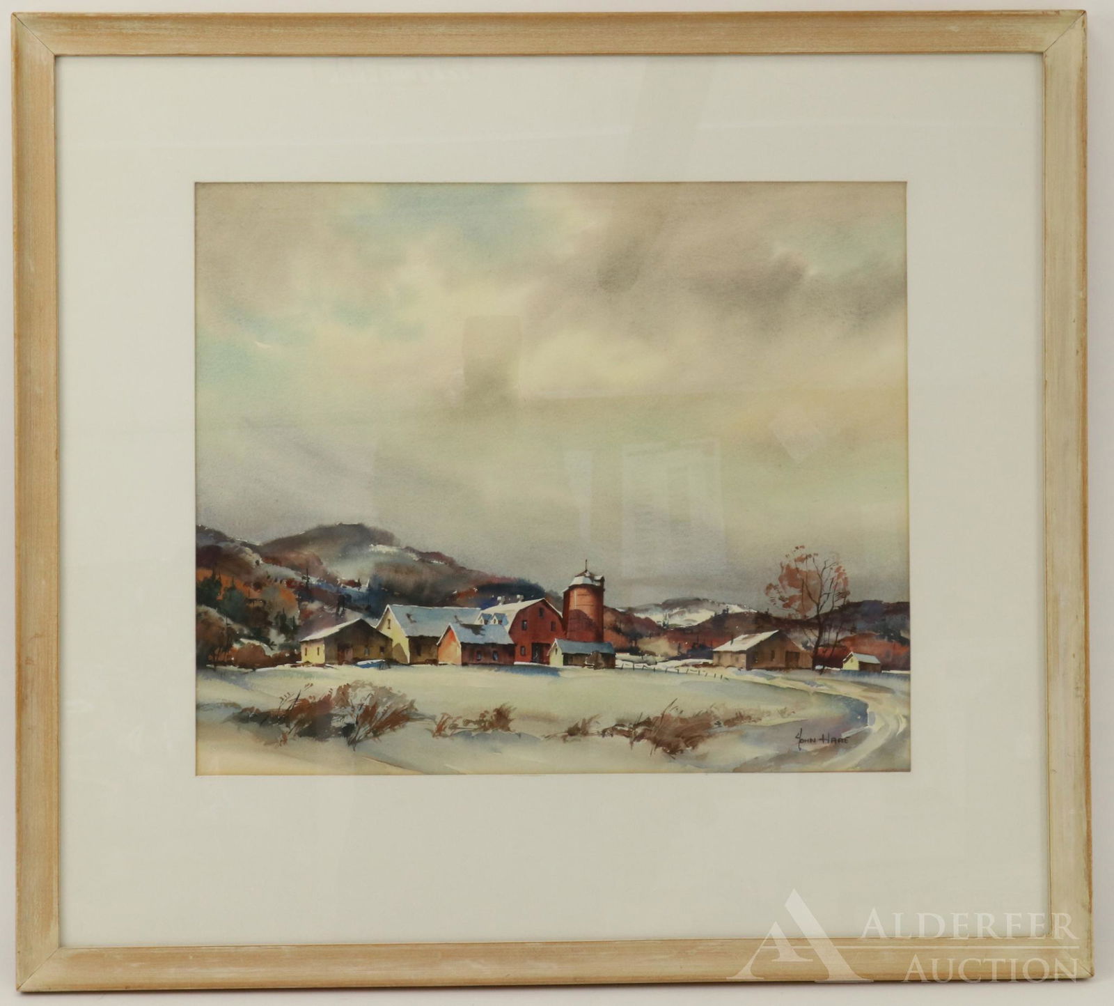 John Cuthbert Hare (1908 - 1978): Watercolor, SLR. pastoral landscape of a farm and homestead in winter. 14.25"h x 17.25"w sight and 23.5"h x 26"w framed