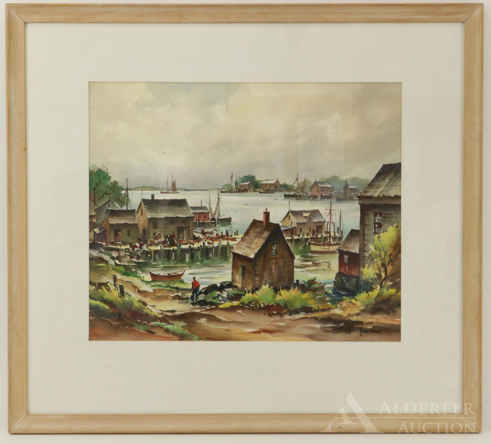 John Cuthbert Hare (1908 - 1978): Watercolor, "The Gloucester Harbor", SLR. Landscape overlooking the harbor with docked sailing ships. 14"h x 17"w sight and 23.5"h x 26"w framed