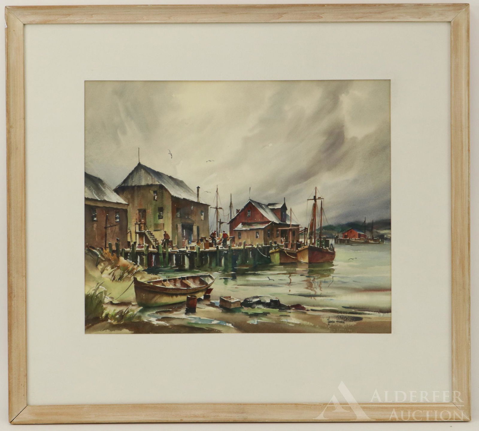 John Cuthbert Hare (1908 - 1978): Watercolor, "Harbor at Dusk - Gloucester", SLR. Landscape of the docks with sailing ships and a rowboat in the foreground. 14"h x 17"w and 23.5"h x 26"w framed