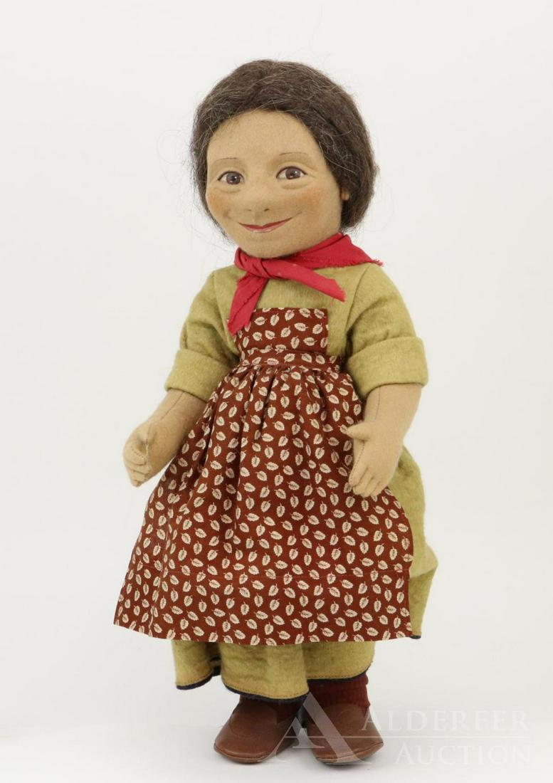 LOT OF R. JOHN WRIGHT.: 17" 1979-1981 "Emma" doll with calico apron. Condition: no wrist tag. Broom is missing. NO box.
