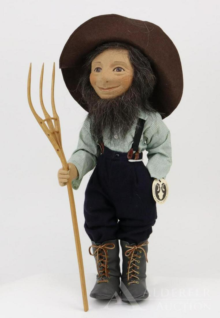 LOT OF R. JOHN WRIGHT.: 17" 1979-1981 "Seth" doll. Brown mohair wig is fuller than the Giuseppi doll. This version has a brown felt hat and three-pronged oak pitchfork. Marked with wrist tag. NO box.