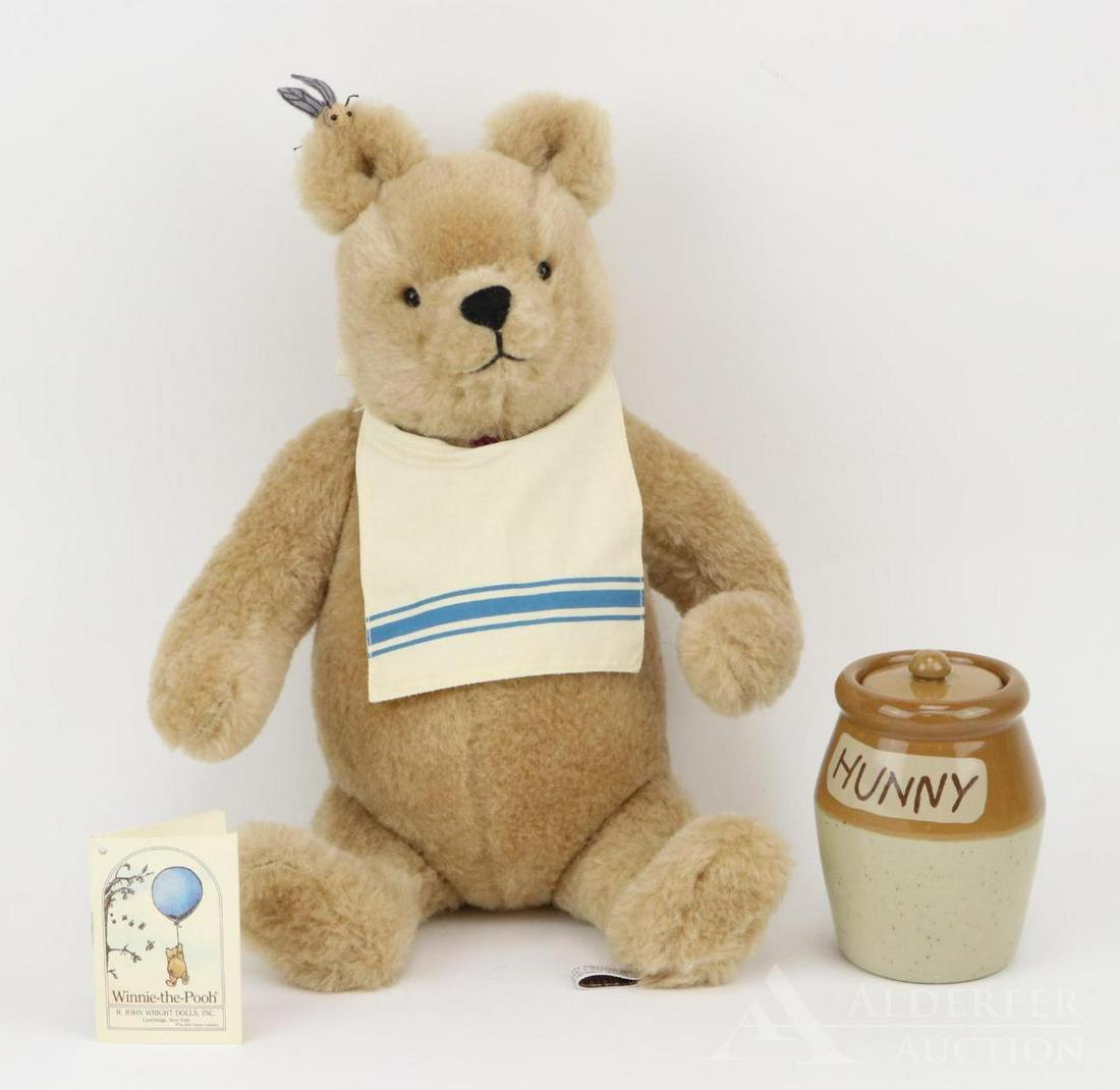 LOT OF R. JOHN WRIGHT.: 14" MIB "Winnie-The-Pooh" camel mohair bear. Fully jointed with swivel head. He has a felt bee on his ear. Cardboard medallion 3453/5000. Comes with his ceramic lidded "Hunny" pot.