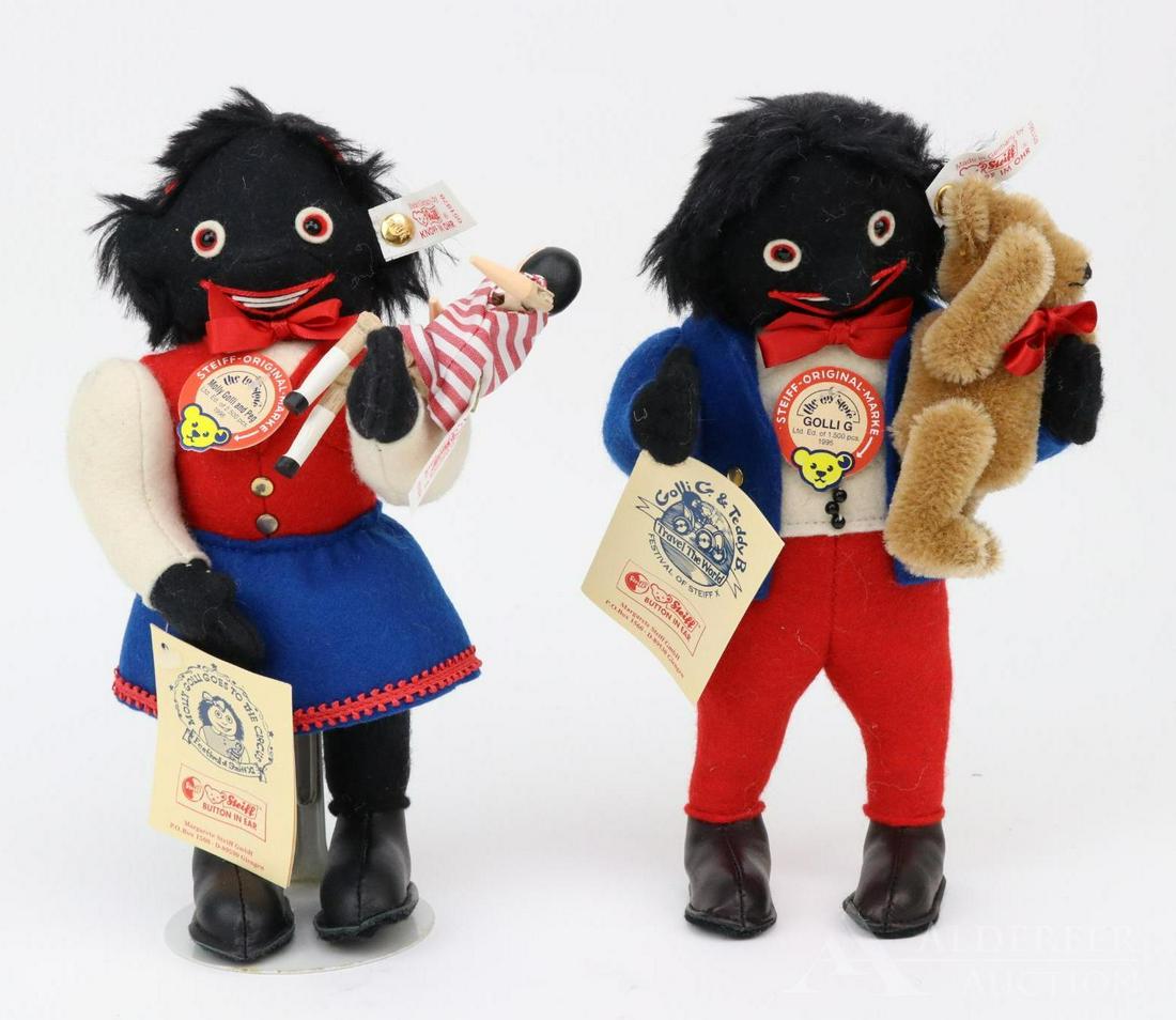LOT OF STEIFF.: Pair of 9" tagged 1995 "Golli G" and 1996 "Molly Golli /Peg" dolls. Golli G & Teddy B. He is holding a 4" camel mohair teddy bear. Molly Golli Goes To The Circus. She is holding a peg wooden doll. Mad