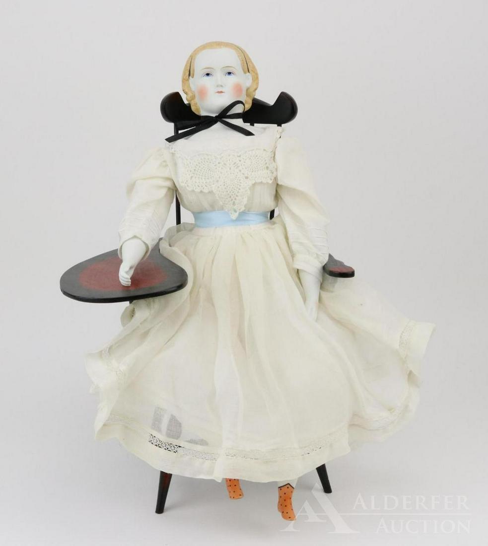 LOT OF CHINA, PARIAN DOLL(S).: 20" 2000 Reproduction parian shoulder head doll by artist Rosemarie Snyder. Blonde hair with black head band, blue eyes, nice cheek coloring. Newer body with parian lower arms, china lower legs. Dress