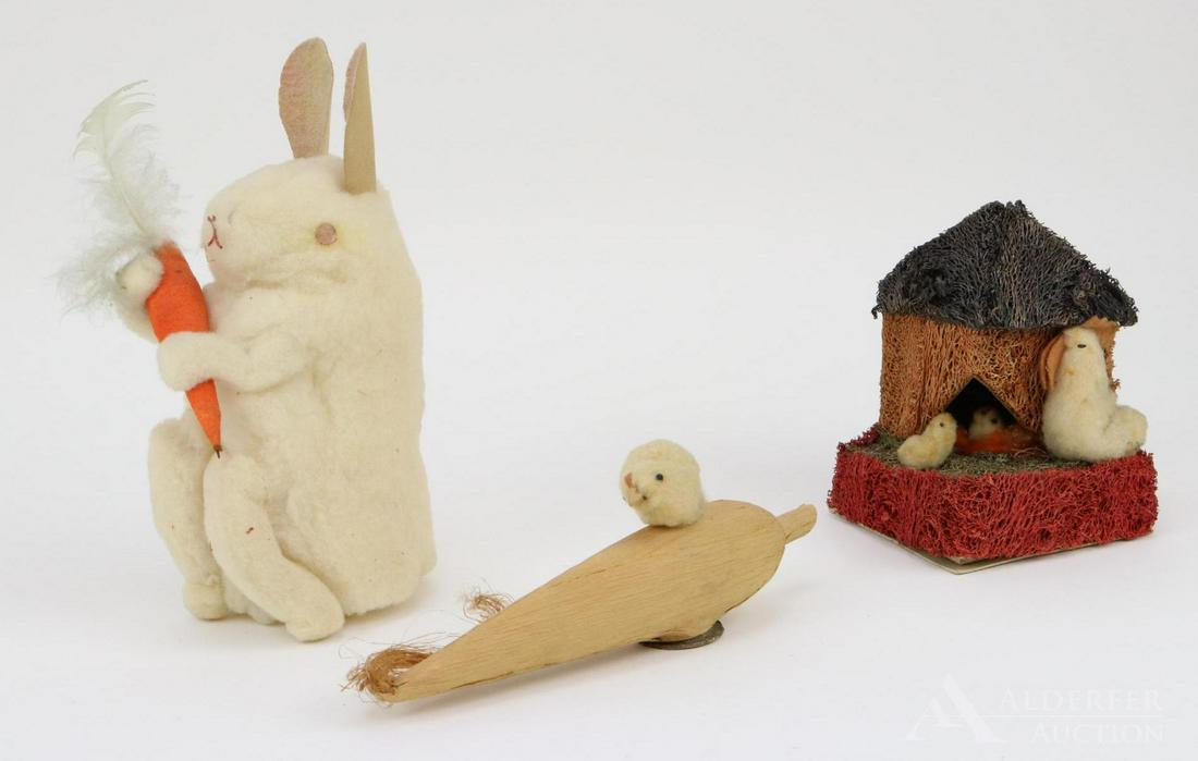 LOT OF HOLIDAY/NOVELTY.: Lot of (3) Easter items. 7 1/2" Cotton batting rabbit holding a carrot. Pair of candy containers - 7 1/2" Ear of corn with batting chick on top. 5 1/2" Hen House with cotton batting rooster and (2) ch