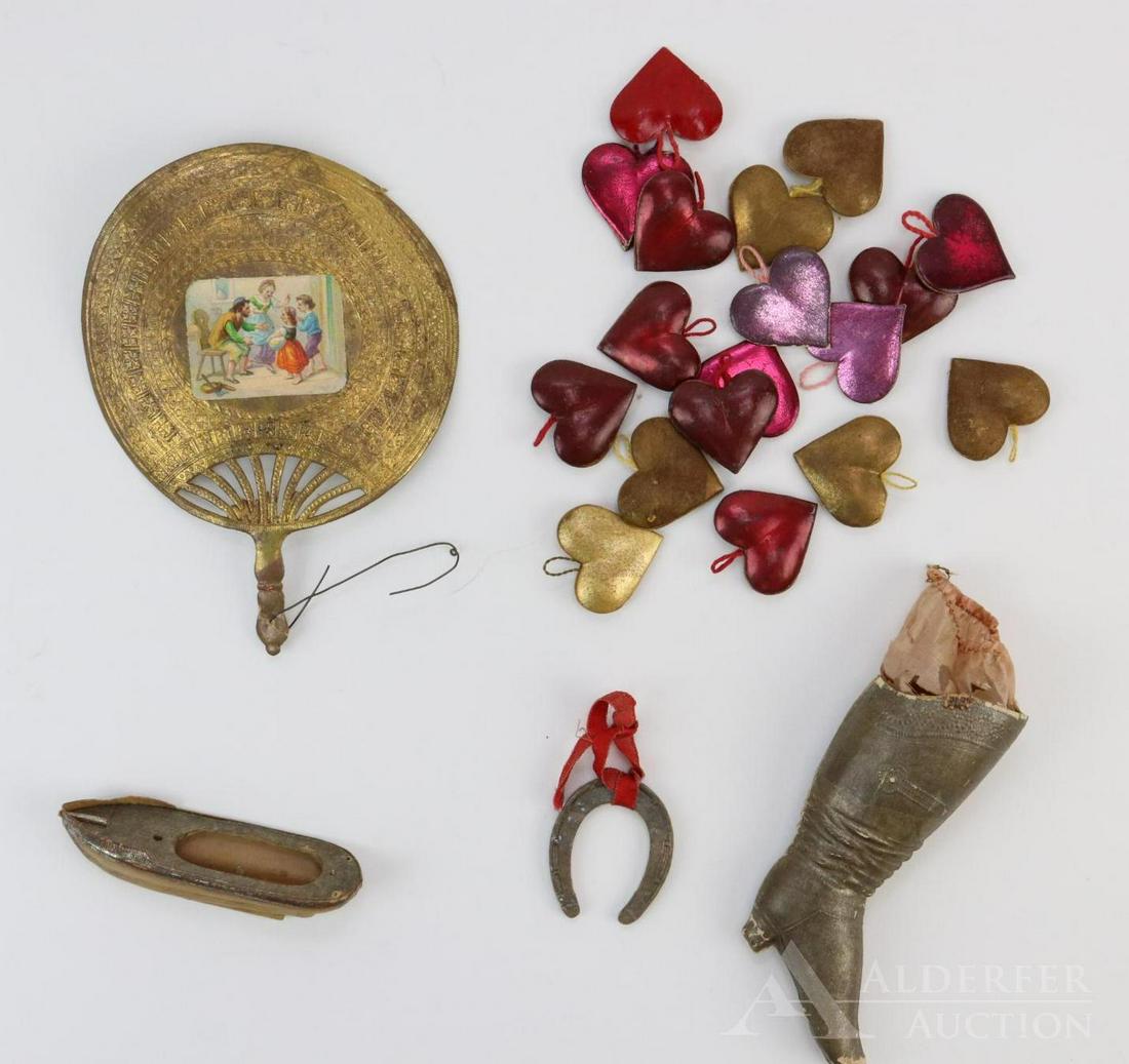 LOT OF HOLIDAY/NOVELTY.: Lot of Dresden/type ornaments. Fan, boot with silk pouch, horseshoe, boat. Also, (18) puffy heart ornaments in red, gold and pink. Condition: age wear and loss. This lot is being sold AS IS.