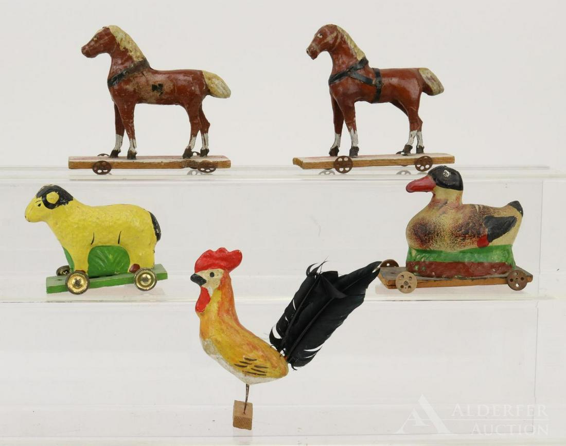 LOT OF HOLIDAY/NOVELTY.: Lot of (5) papier mache toys. (4) Platforms with wheels - pair of 4 1/2" horses. German - 3 1/2" Duck and 3" Sheep. Also, 4 1/2" Rooster on a small base. Condition: age wear and lose. Some paint crack