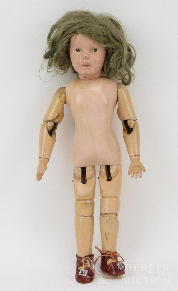 LOT OF SCHOENHUT(S).: 14" Model No. 308 with brown integlio eyes, original tosca mohair wig (nail to head). Doll has the incised mark on back of toso. NO clothing, red oilcloth shoes. Condition: paint is worn on face, shou