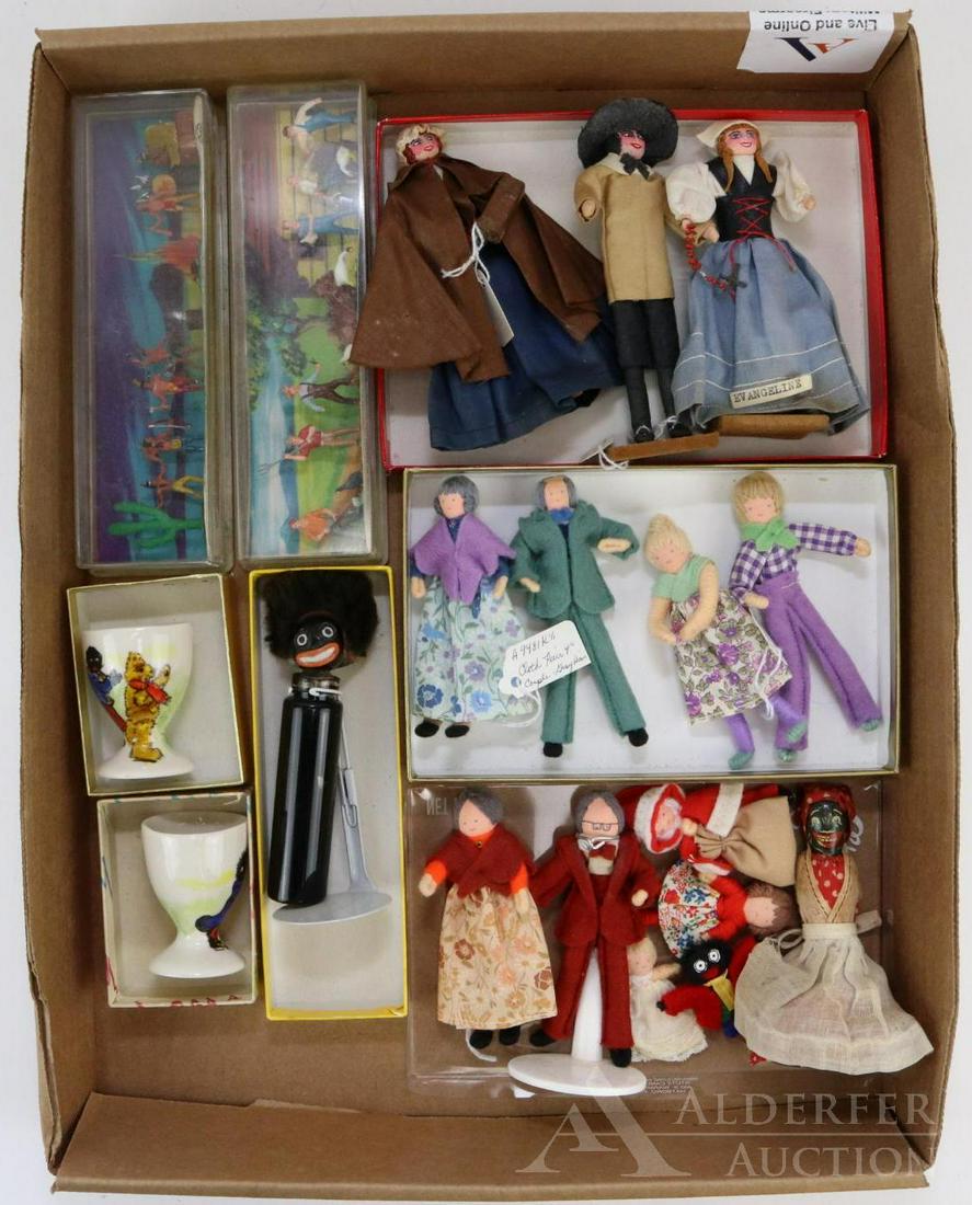 LOT OF MINIATURES/MINI DOLLS.: This lot includes a wonderful Golliwog bottle, and (2) Golliwog china egg cups. Dolls - Kathe Kruse style wrapped dolls, with embroidered features, made in Waldorf, Germany. Hand painted cloth head do