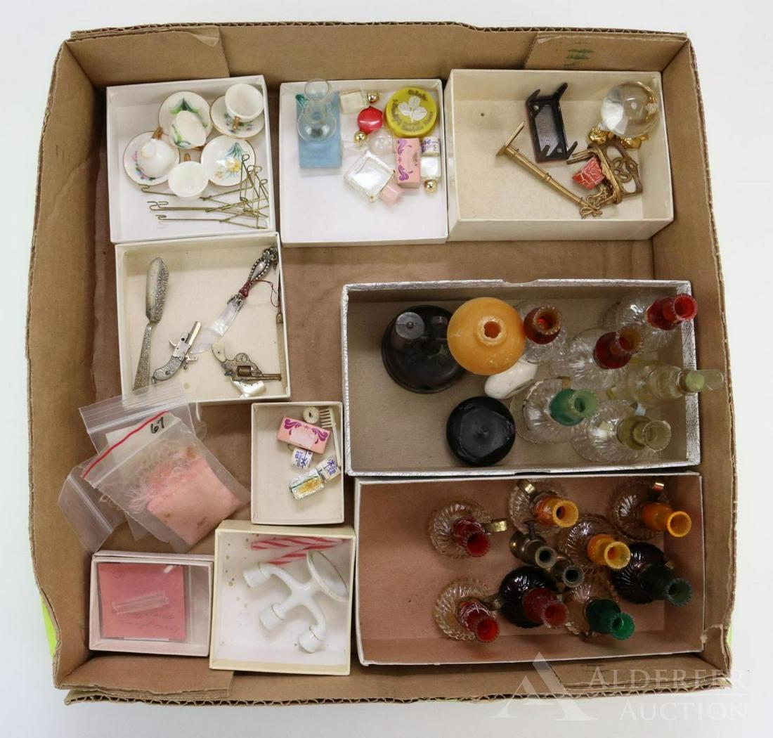 LOT OF MINIATURES/MINI DOLLS.: Lot of miniatures. (14) Perfume bottle lamps (some age loss on chimneys). Other misc. lamps. Cups/saucers with metal cup holders. (2) Bags of tatted doll house doilies. Candelabra, candles. Glass mini
