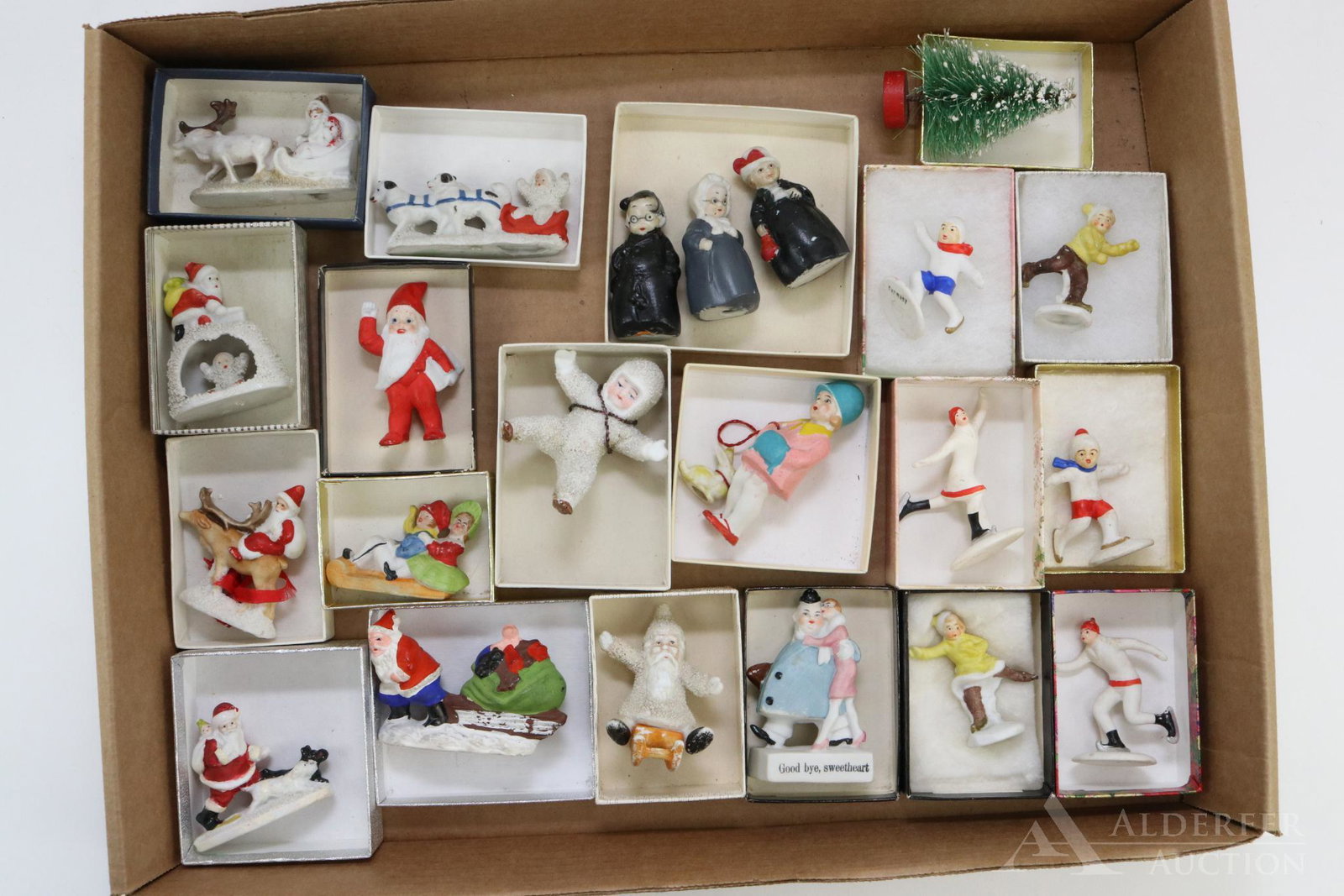 LOT OF MINIATURES/MINI DOLLS: Lot of German, Japanese bisque figurines, snow babies, immobiles. Christmas themed, Santas, skaters, sledders. Condition: some paint loss, some repaint. This lot is being sold AS IS.