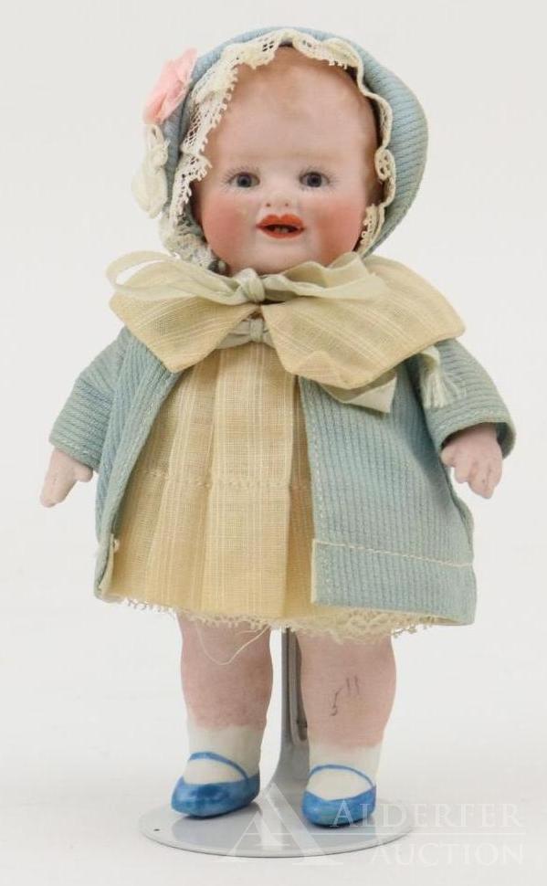 LOT OF ALL BISQUE DOLL(S).: 5" 1926 "Bonnie Babe" character doll. Solid dome head with blue sleep eyes, open mouth, painted/molded curly blonde hair. Swivel head, 5 pc. body with painted blue shoes, socks. Clothing appears all o