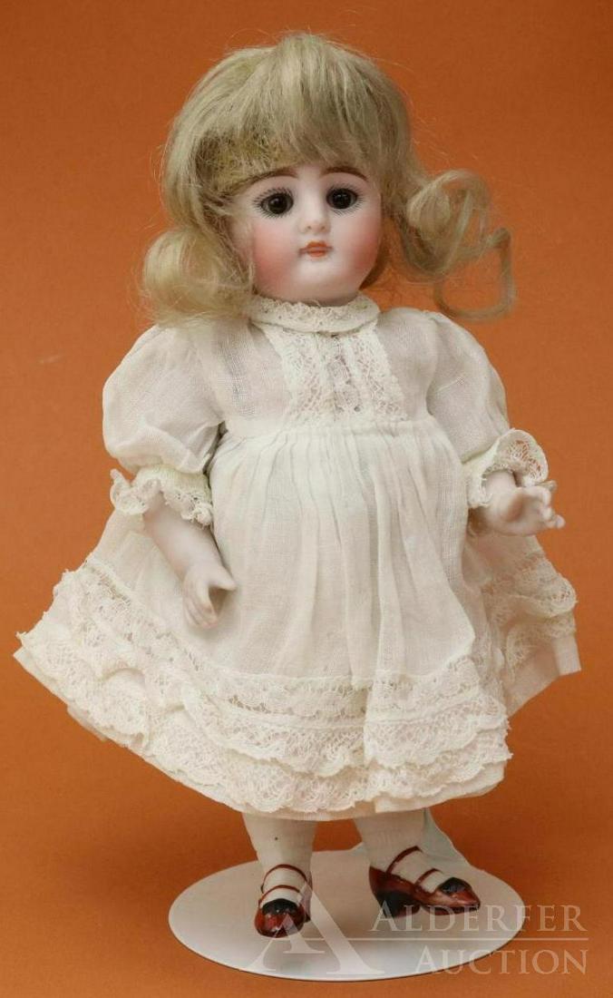 LOT OF ALL BISQUE DOLLS.: 7" 620-6 1/2 + Doll. Brown sleep eyes, open/closed mouth, original blonde mohair wig, Swivel head with 5 pc. body. 2-Strap heeled brown shoes, white shirred socks. Dressed in antique white cotton dres