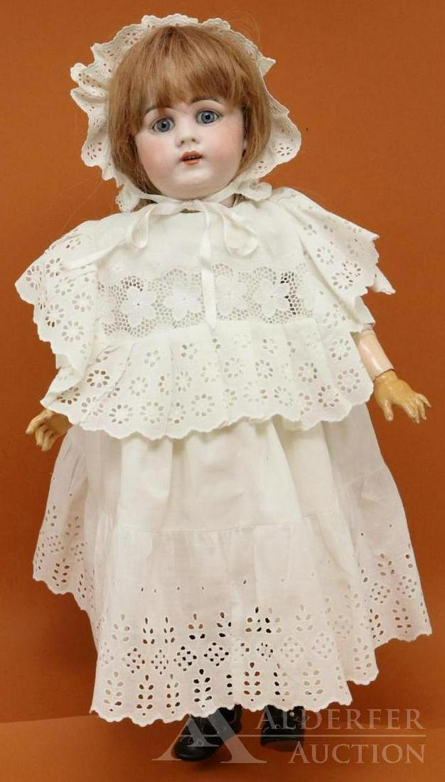 ANTIQUE GERMAN BISQUE HEAD DOLL.: 23" MADE IN GERMANY J 3/4 DEP 156 Doll. Stationary blue eyes, open mouth, strawberry blonde human hair wig. Papier mache ball jointed body marked (red stamp) Germany 4. Dressed in antique white cotton