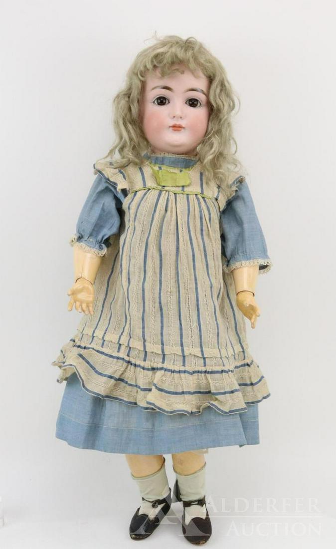 ANTIQUE GERMAN BISQUE HEAD DOLL.: 26" K 1/2 MADE IN GERMANY 14 1/2 128 Doll. Brown sleep eyes, closed mouth, blonde mohair wig, plaster pate. Very clean papier mache ball jointed body marked (red stamp) Excellsior Germany 5. Dressed i