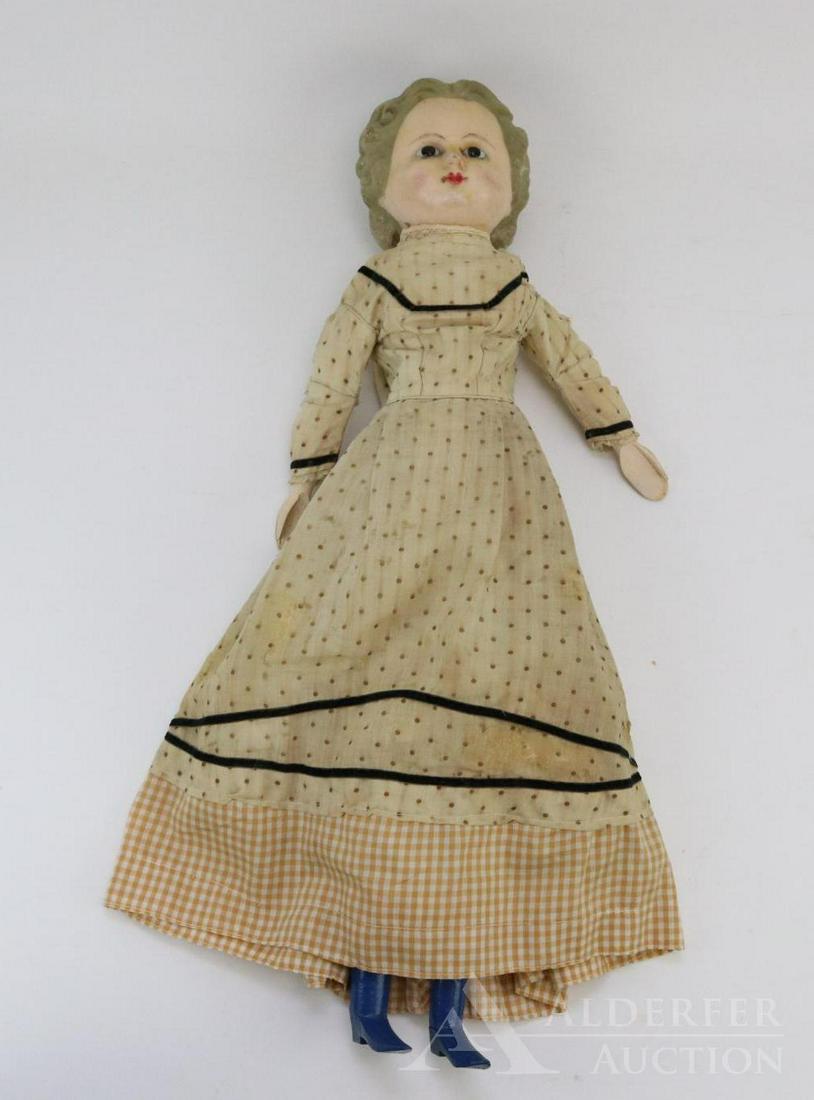 LOT OF PAPIER MACHE, WAX DOLLS.: 26 1/2" Unmarked wax over papier mache molded shoulder head doll. Stationary black eyes, closed mouth, blonde painted/molded hair. Cloth body with wooden lower limbs. Cup hands, painted blue boots. Dr